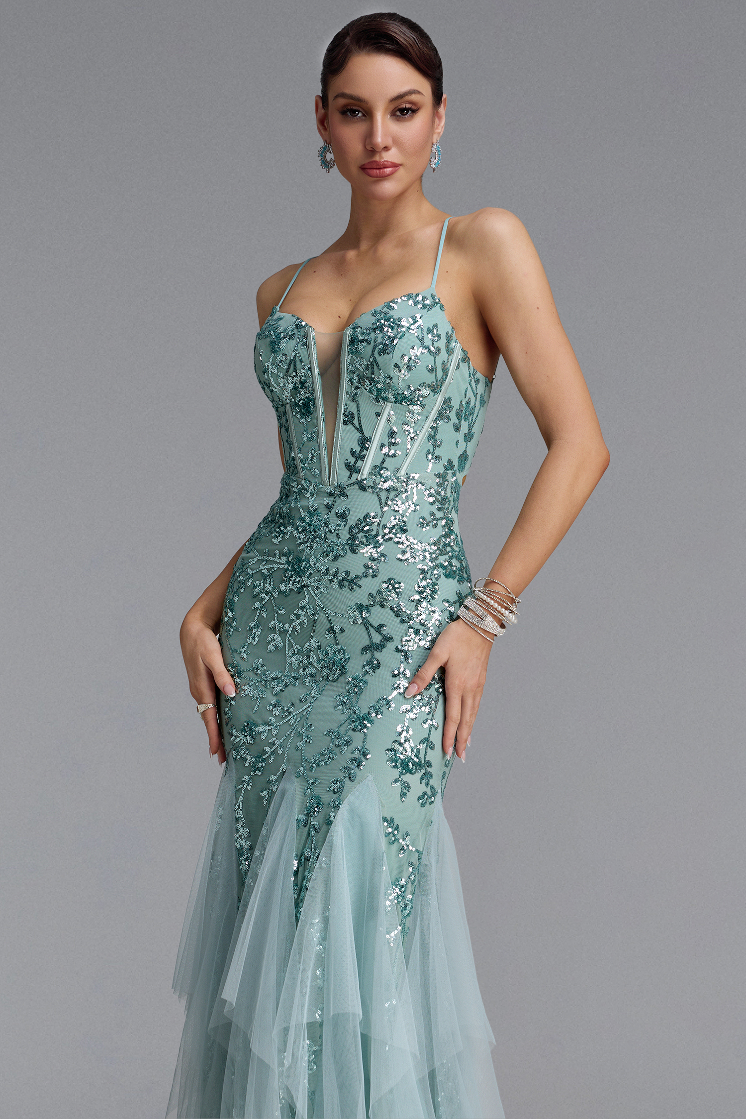 Mirelle Classic Spaghetti Strap V Neck Corset Sequin Mermaid Maxi Dress