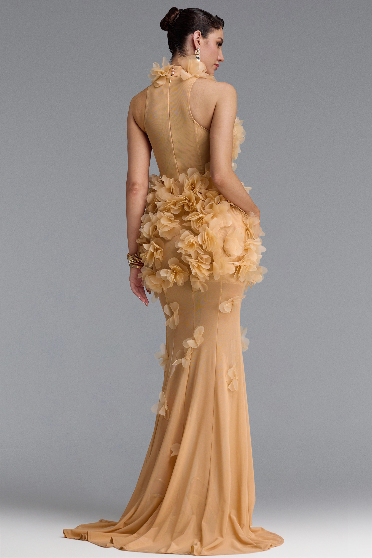 Rayna Elegant Contour High Neck Floral Mesh Beige Maxi Dress