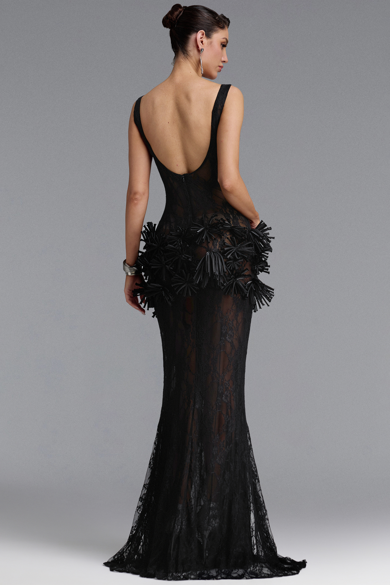 Uniena Romantic Contour Embellished Floral Lace Black Maxi Dress