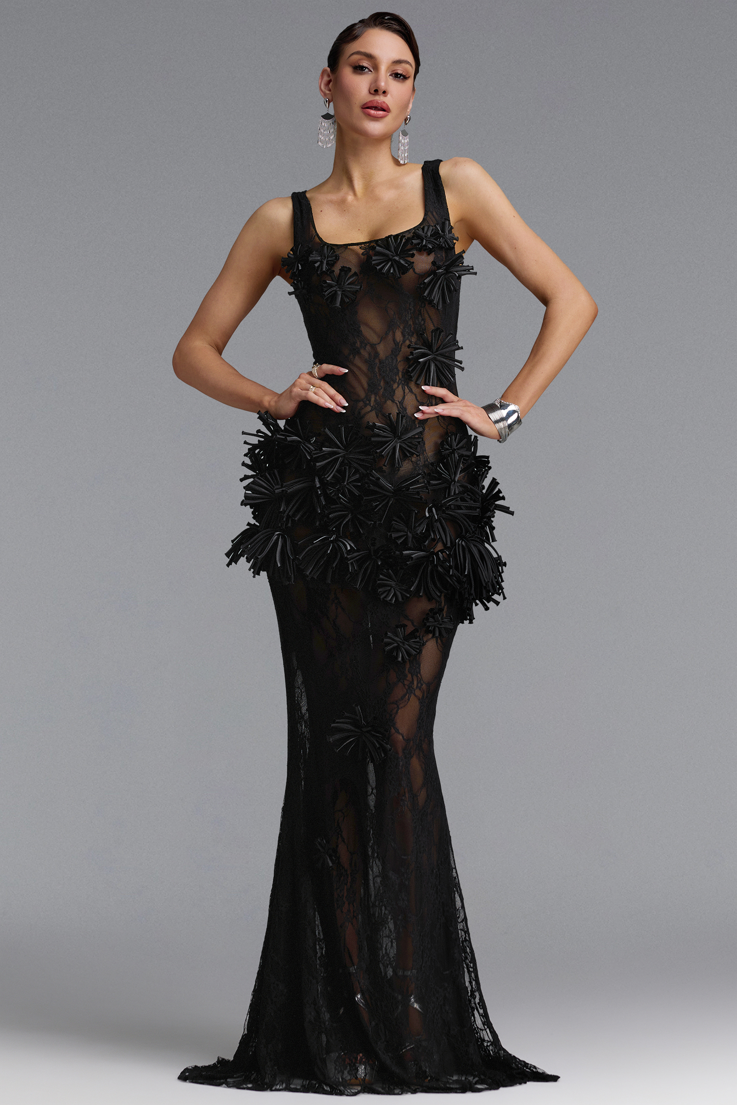 Uniena Romantic Contour Embellished Floral Lace Black Maxi Dress