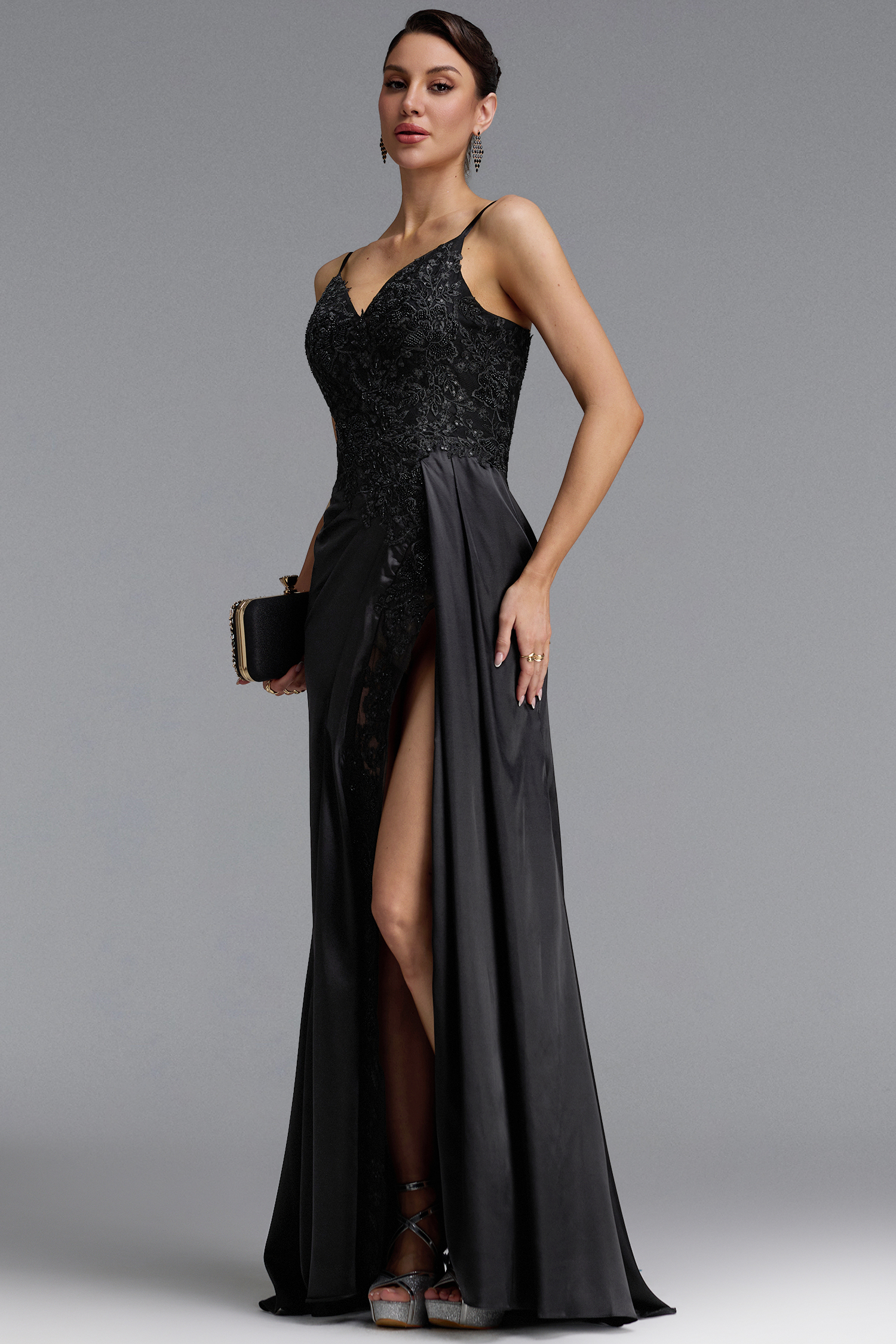 Eleanore Elegant V Neck Thin Strap Lace High Slit Maxi Dress