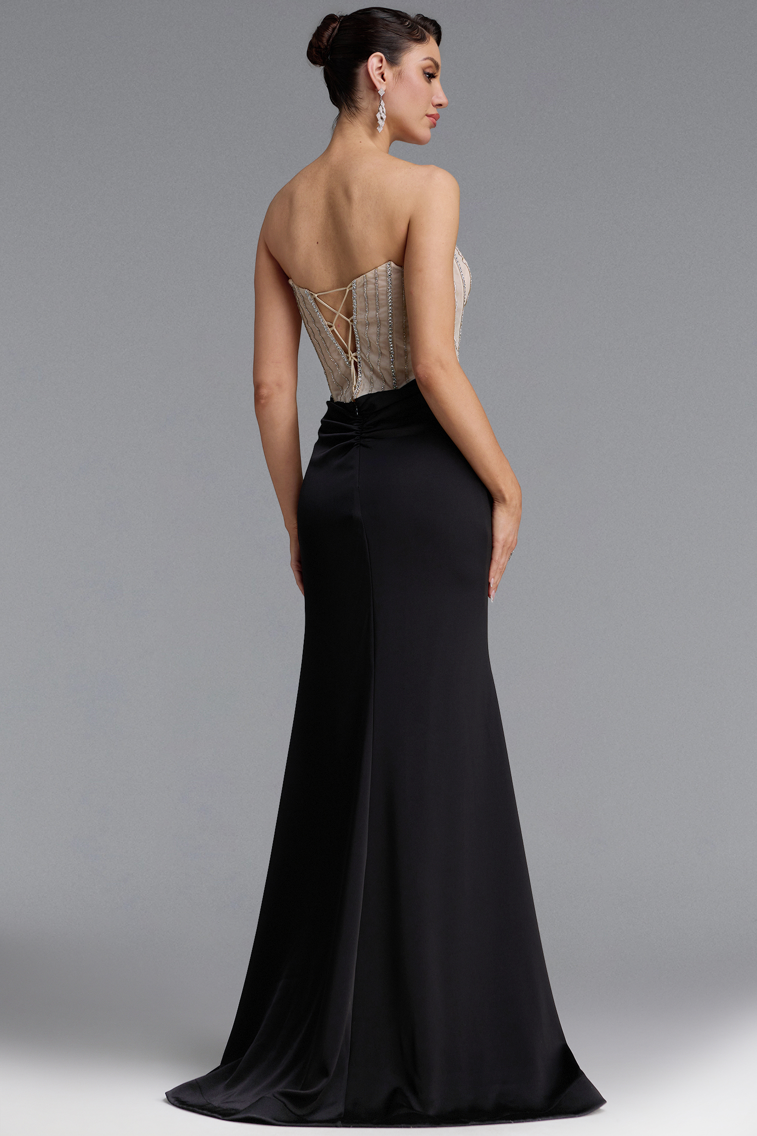 Niki Elegant Strapless Rhinestone Corset Satin Slit Maxi Dress