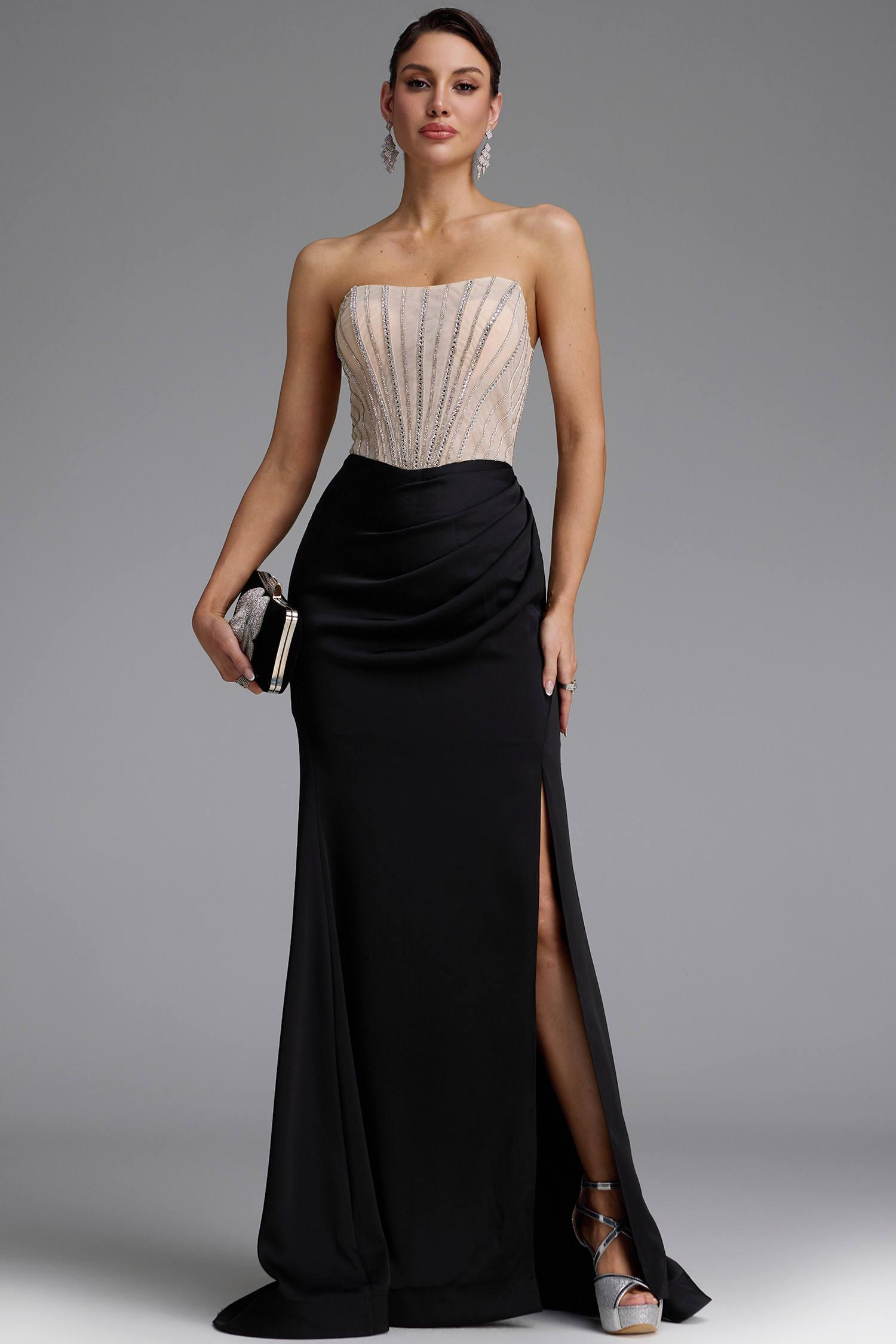 Niki Elegant Strapless Rhinestone Corset Satin Slit Maxi Dress