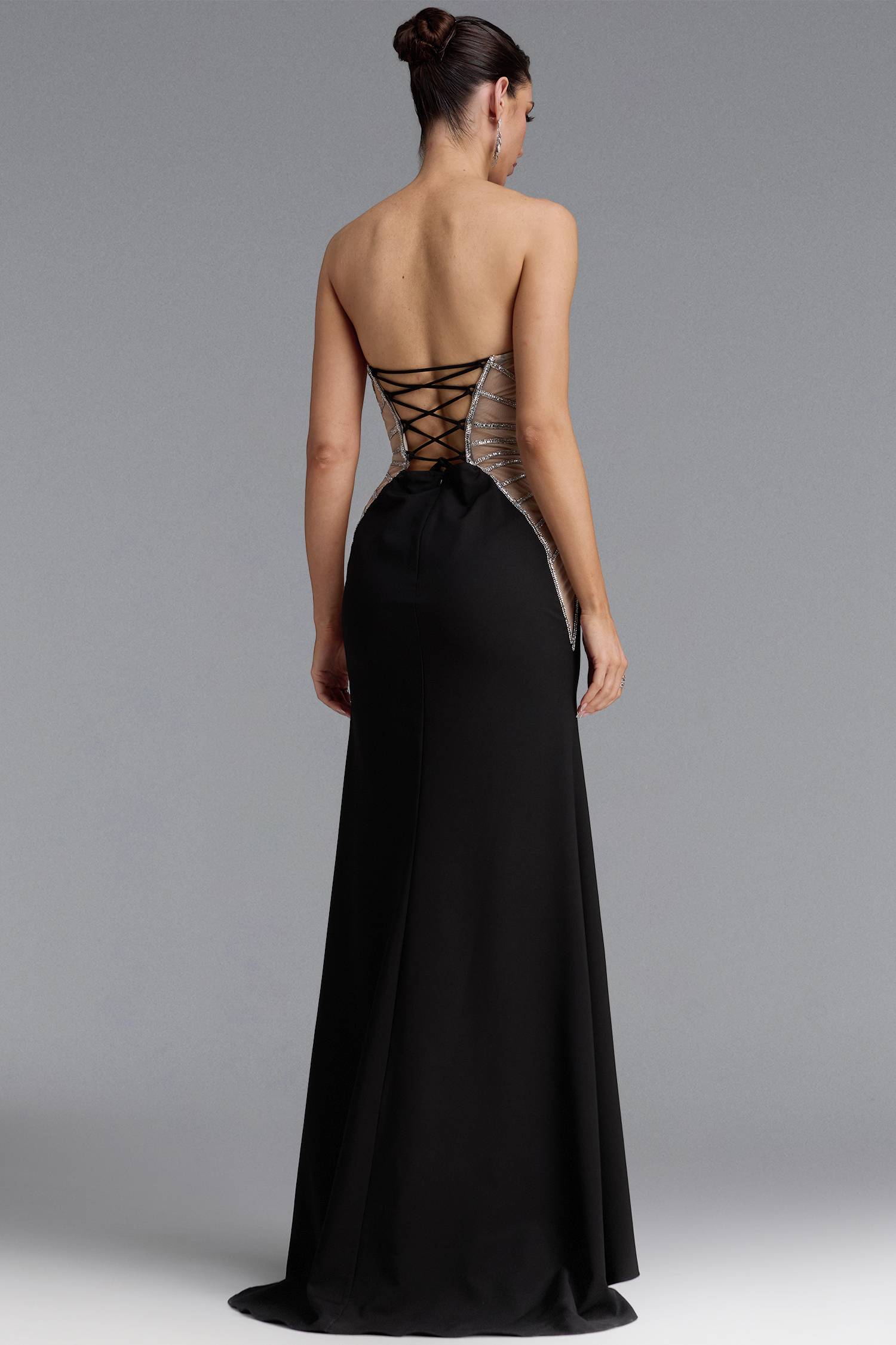 Talia Sexy Strapless Corset Silver Rhinestone Sheer Mesh Mermaid Maxi Dress