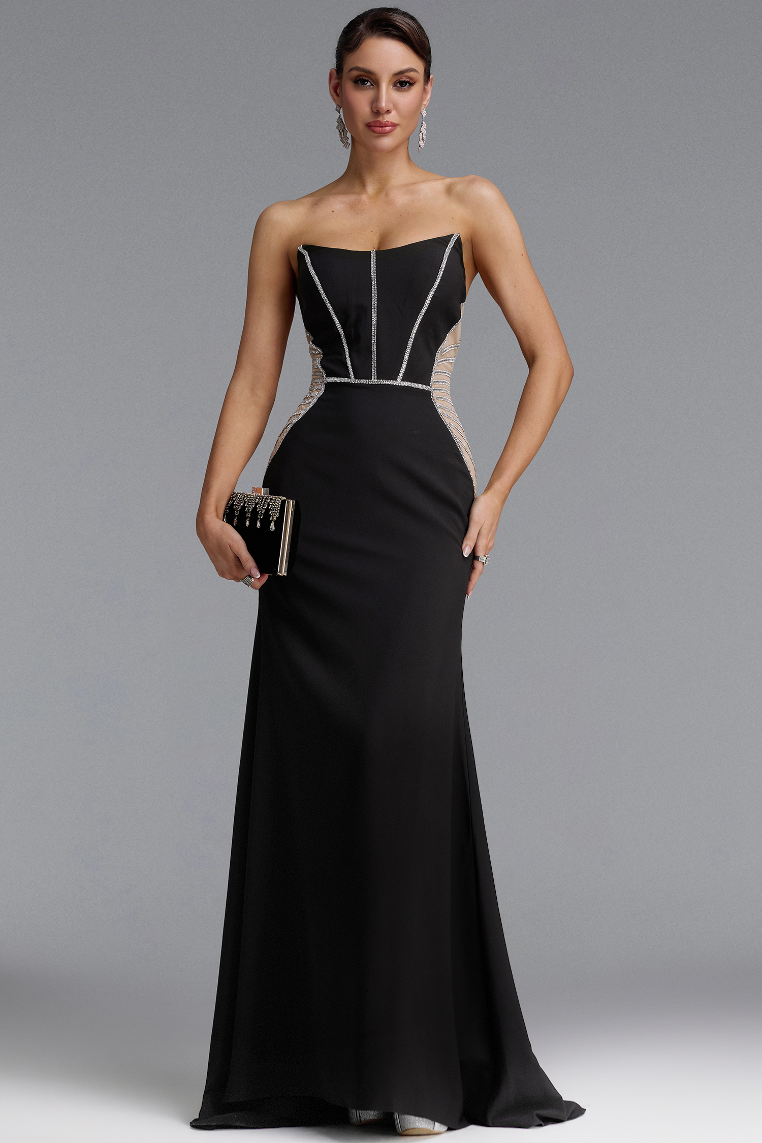 Talia Sexy Strapless Corset Silver Rhinestone Sheer Mesh Mermaid Maxi Dress