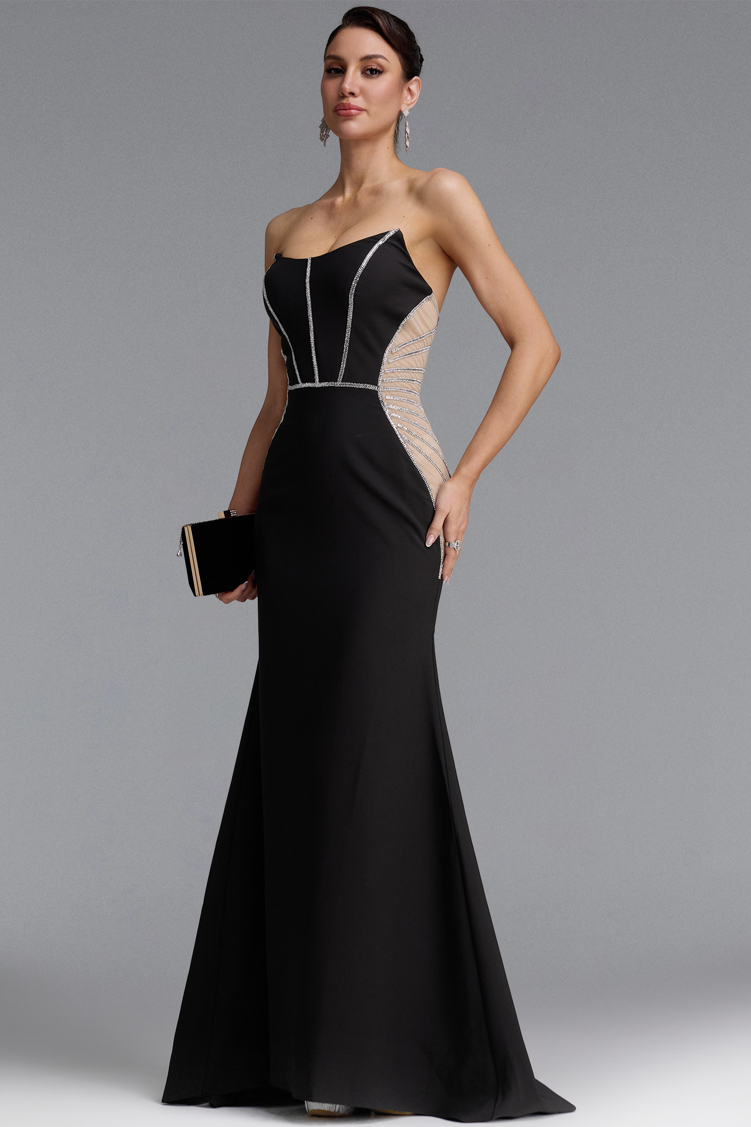 Talia Sexy Strapless Corset Silver Rhinestone Sheer Mesh Mermaid Maxi Dress