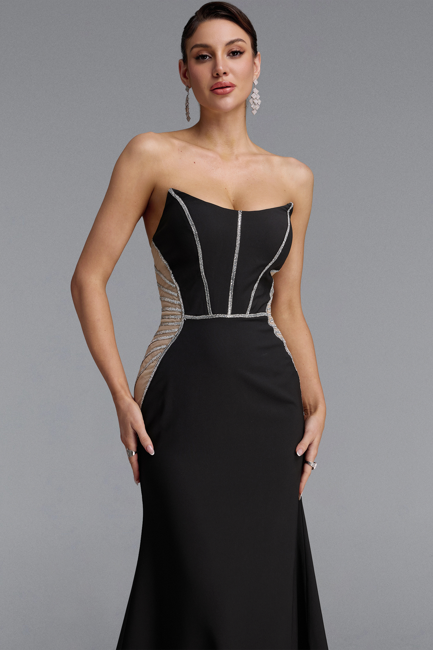 Talia Sexy Strapless Corset Silver Rhinestone Sheer Mesh Mermaid Maxi Dress