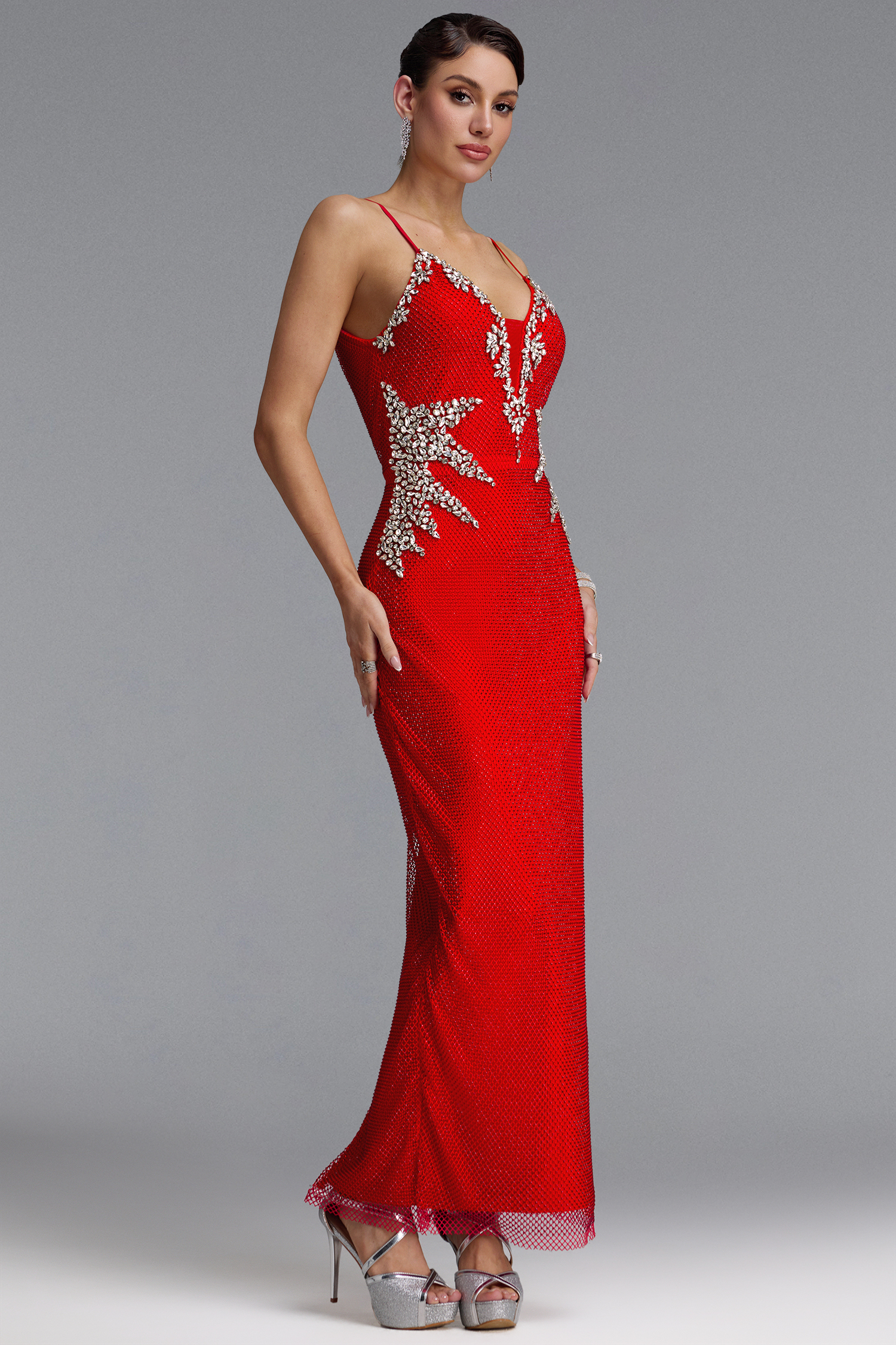 Ibbie Sexy Spaghetti Strap V Neck Rhinestone Bandage Maxi Dress