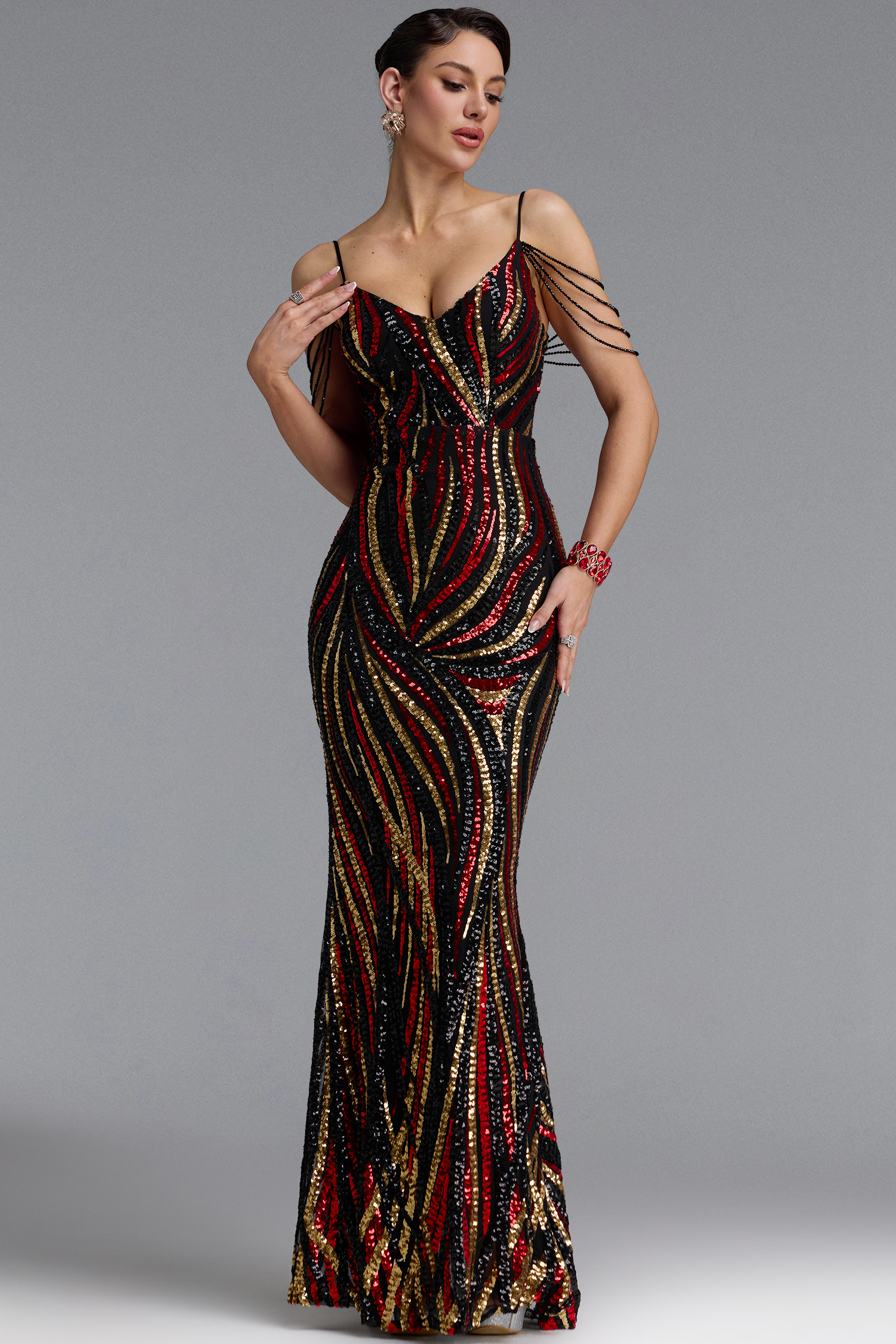 Gemma Chic Contour V Neck Sequin Stripe Black Maxi Dress