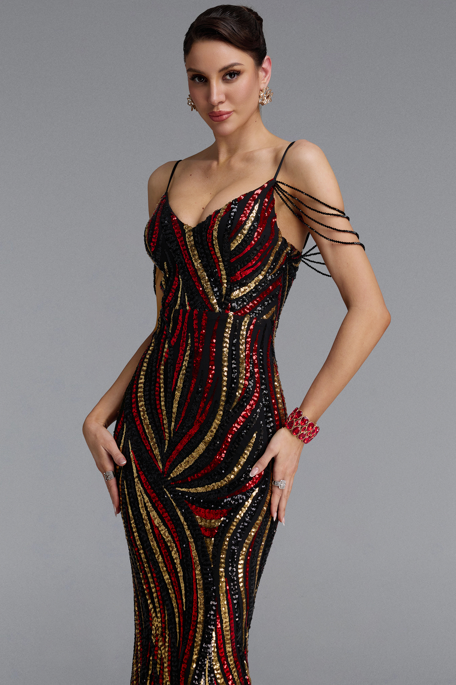 Gemma Chic Contour V Neck Sequin Stripe Black Maxi Dress