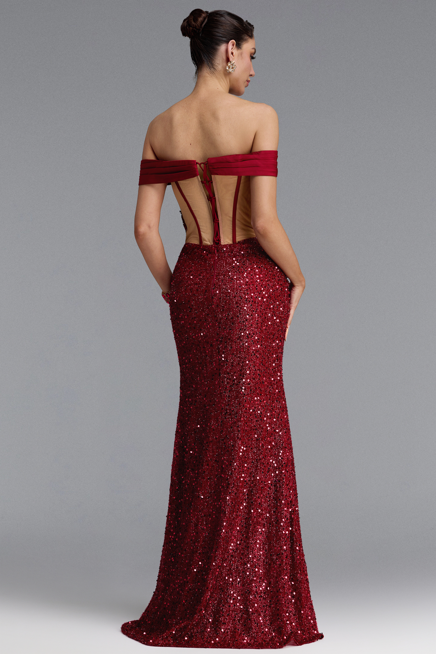Panra Classic Off Shoulder Lace Sequin Slit Maxi Dress