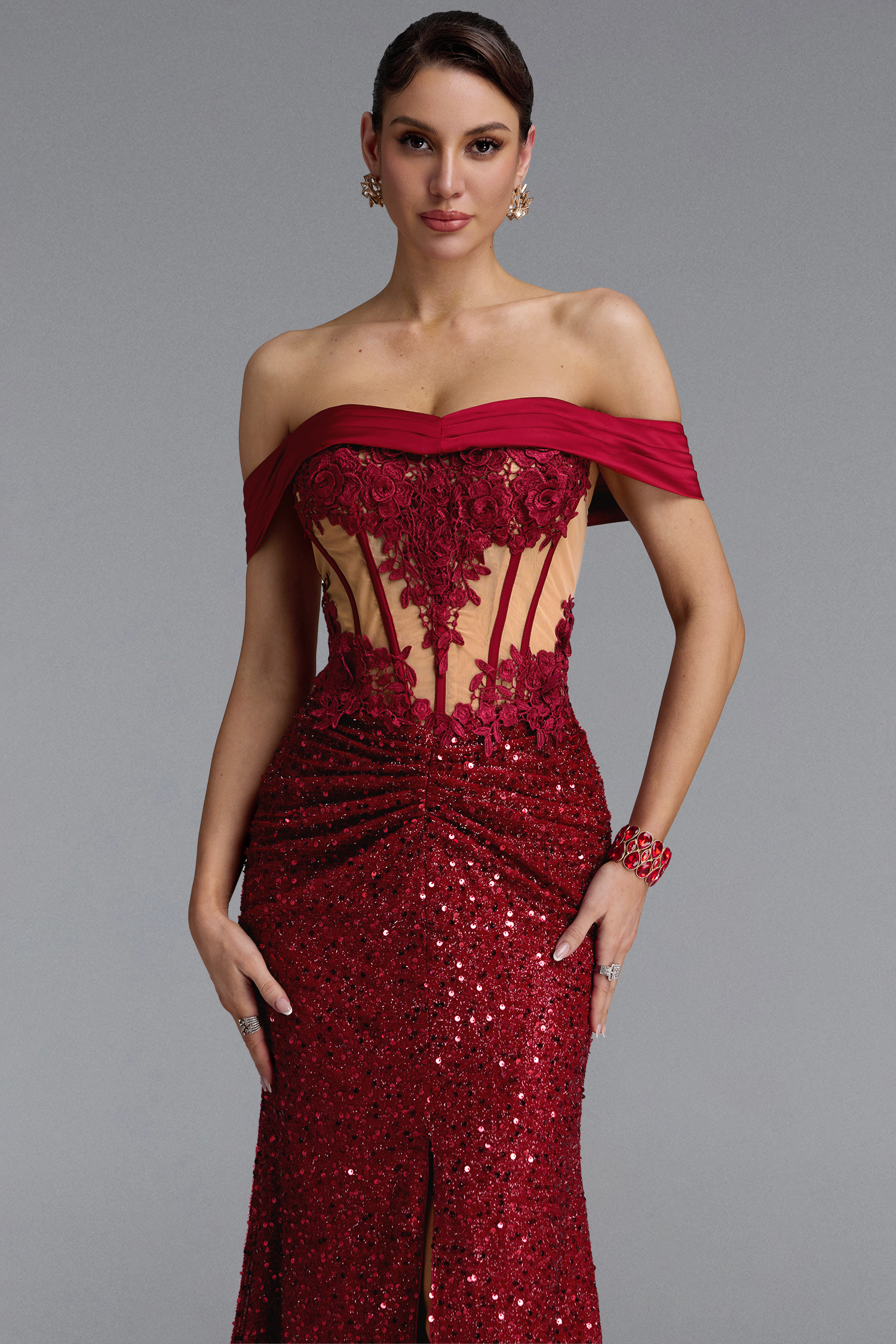 Panra Classic Off Shoulder Lace Sequin Slit Maxi Dress