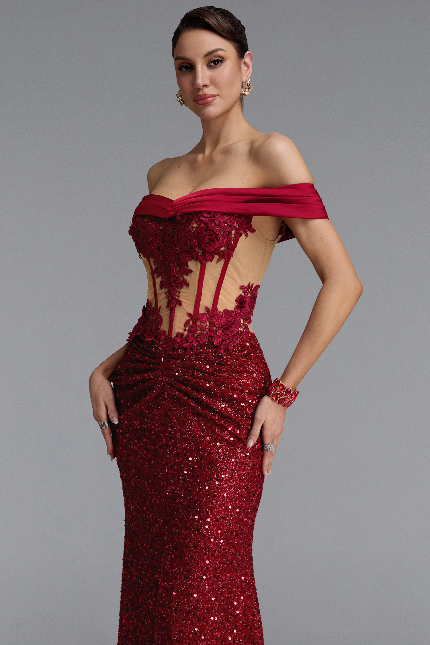 Panra Classic Off Shoulder Lace Sequin Slit Maxi Dress