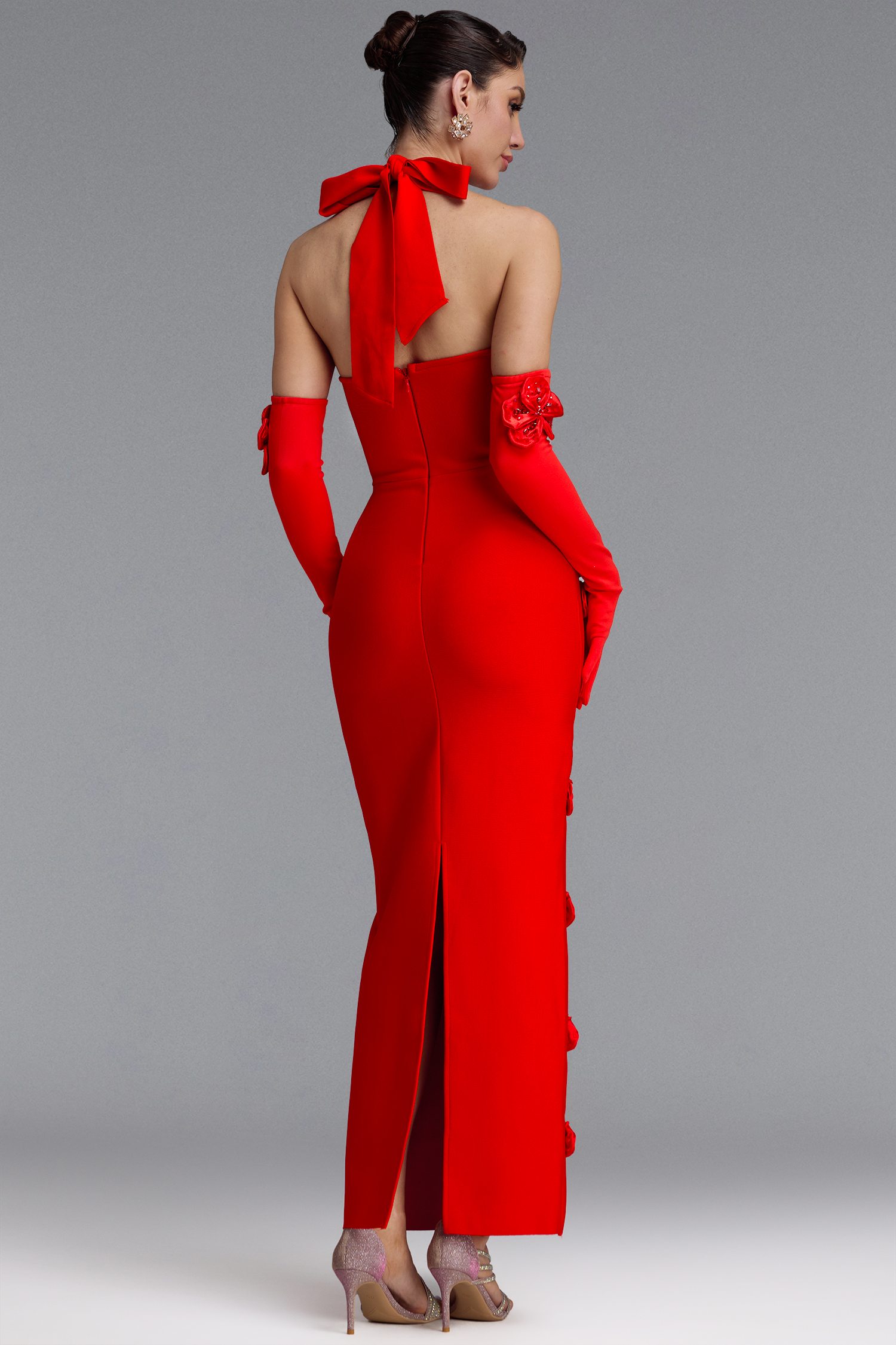 Classic V-Neck Halter Floral Rhinestone Bandage Maxi Dress