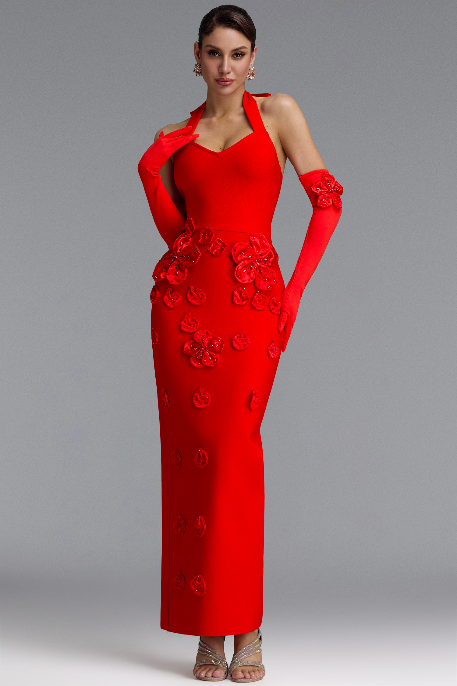 Classic V-Neck Halter Floral Rhinestone Bandage Maxi Dress