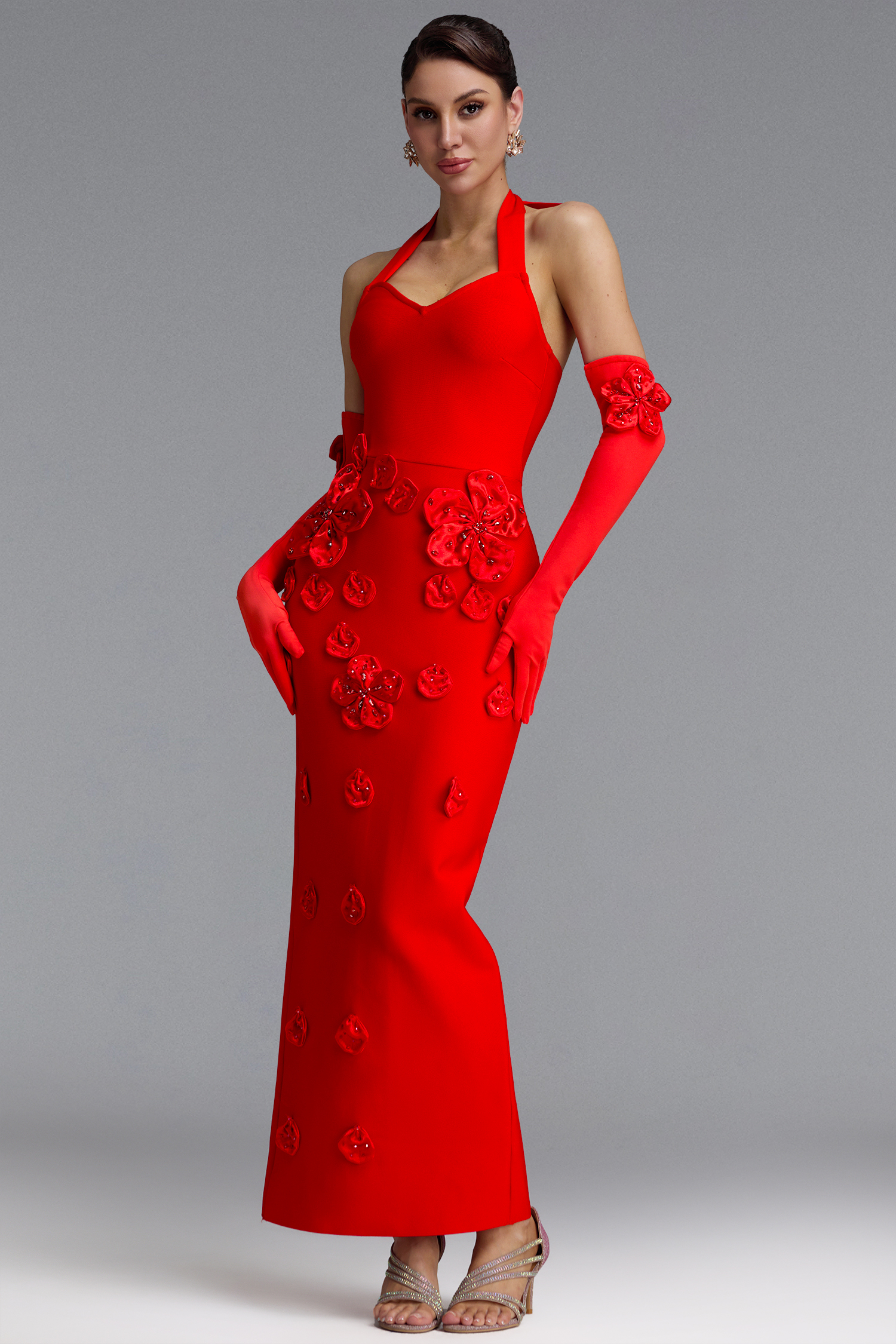 Classic V-Neck Halter Floral Rhinestone Bandage Maxi Dress