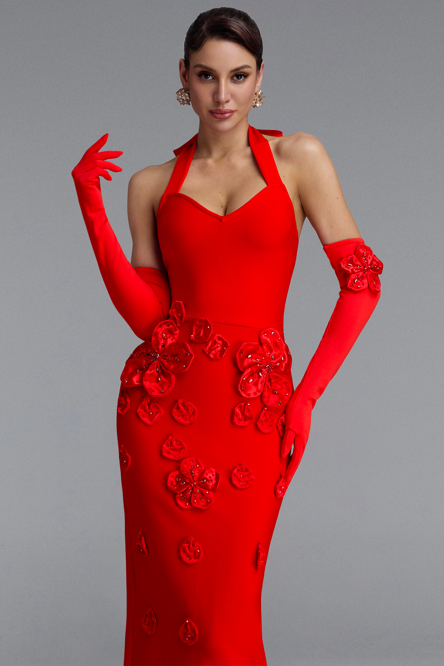 Classic V-Neck Halter Floral Rhinestone Bandage Maxi Dress