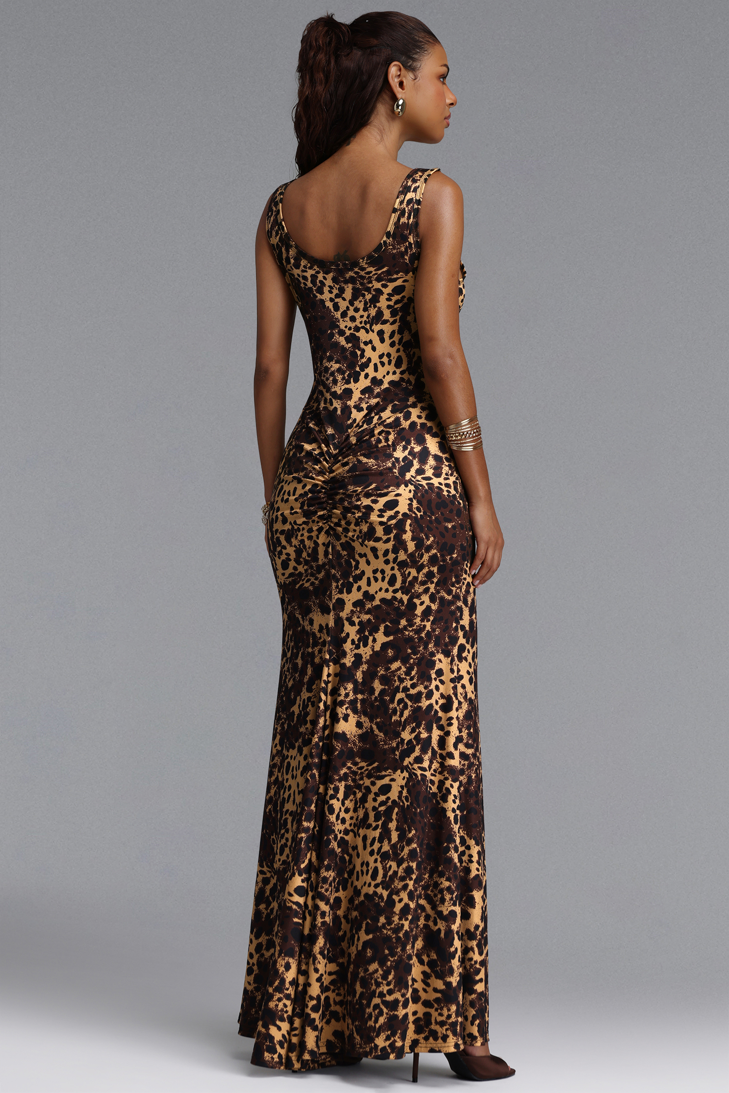 Evelina Sexy Contour Ruched Waist Sleeveless Leopard Print Knit Maxi Dress