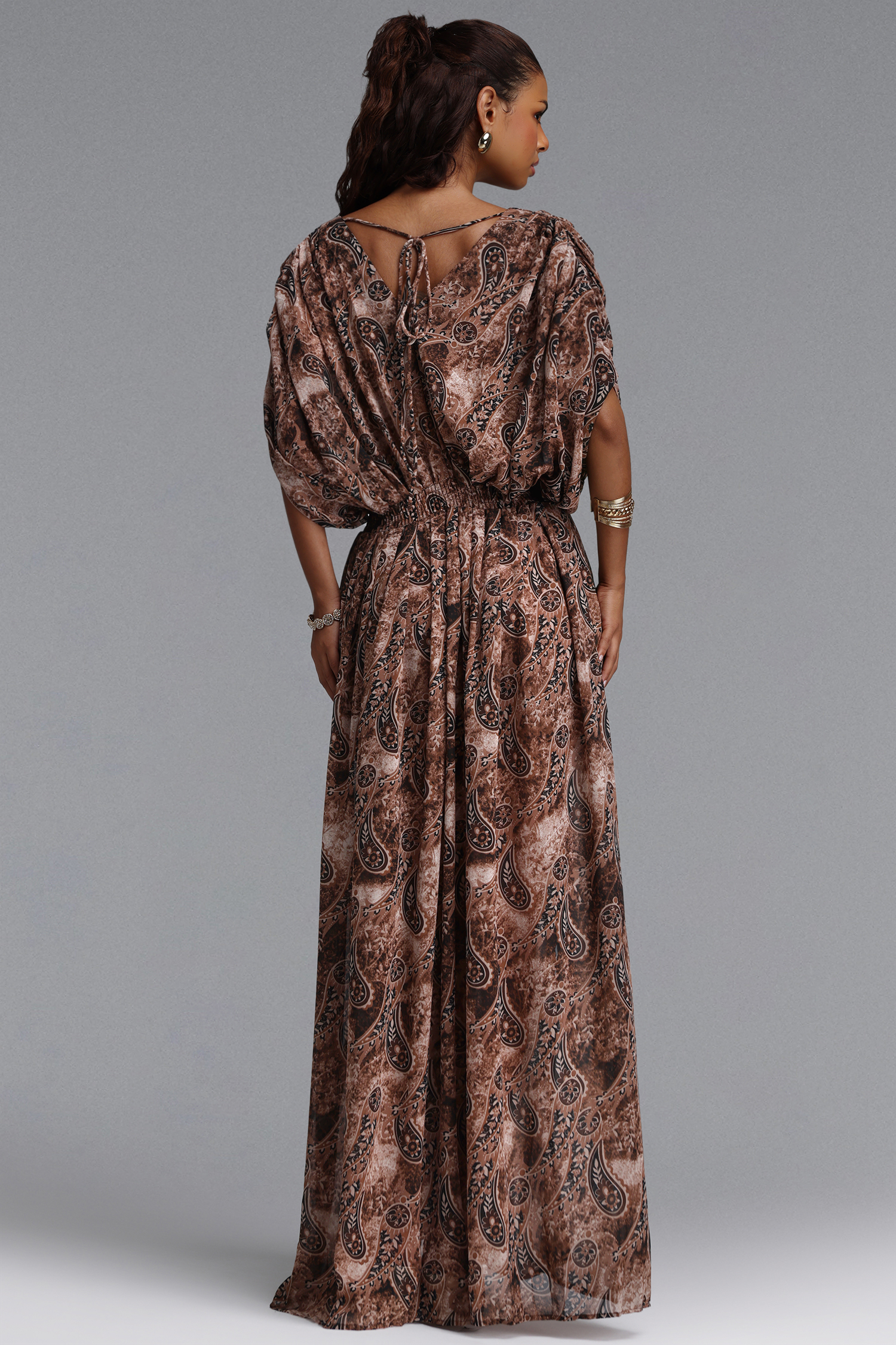 Zandra Romantic Flowy V Neck Paisley Print Chiffon Maxi Dress