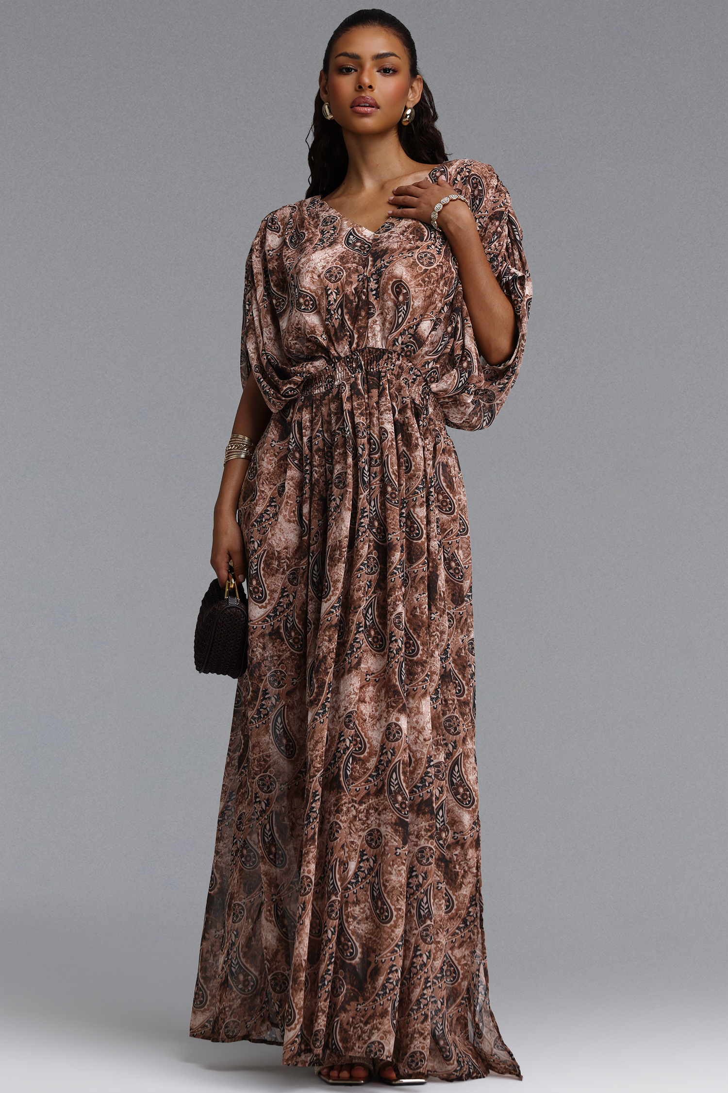 Zandra Romantic Flowy V Neck Paisley Print Chiffon Maxi Dress