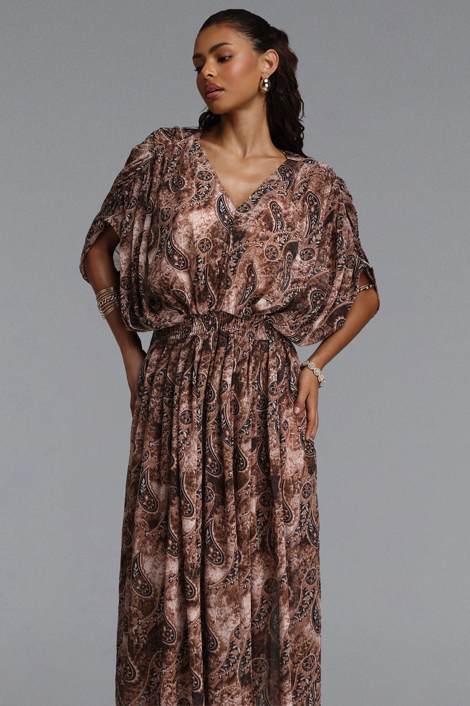 Zandra Romantic Flowy V Neck Paisley Print Chiffon Maxi Dress