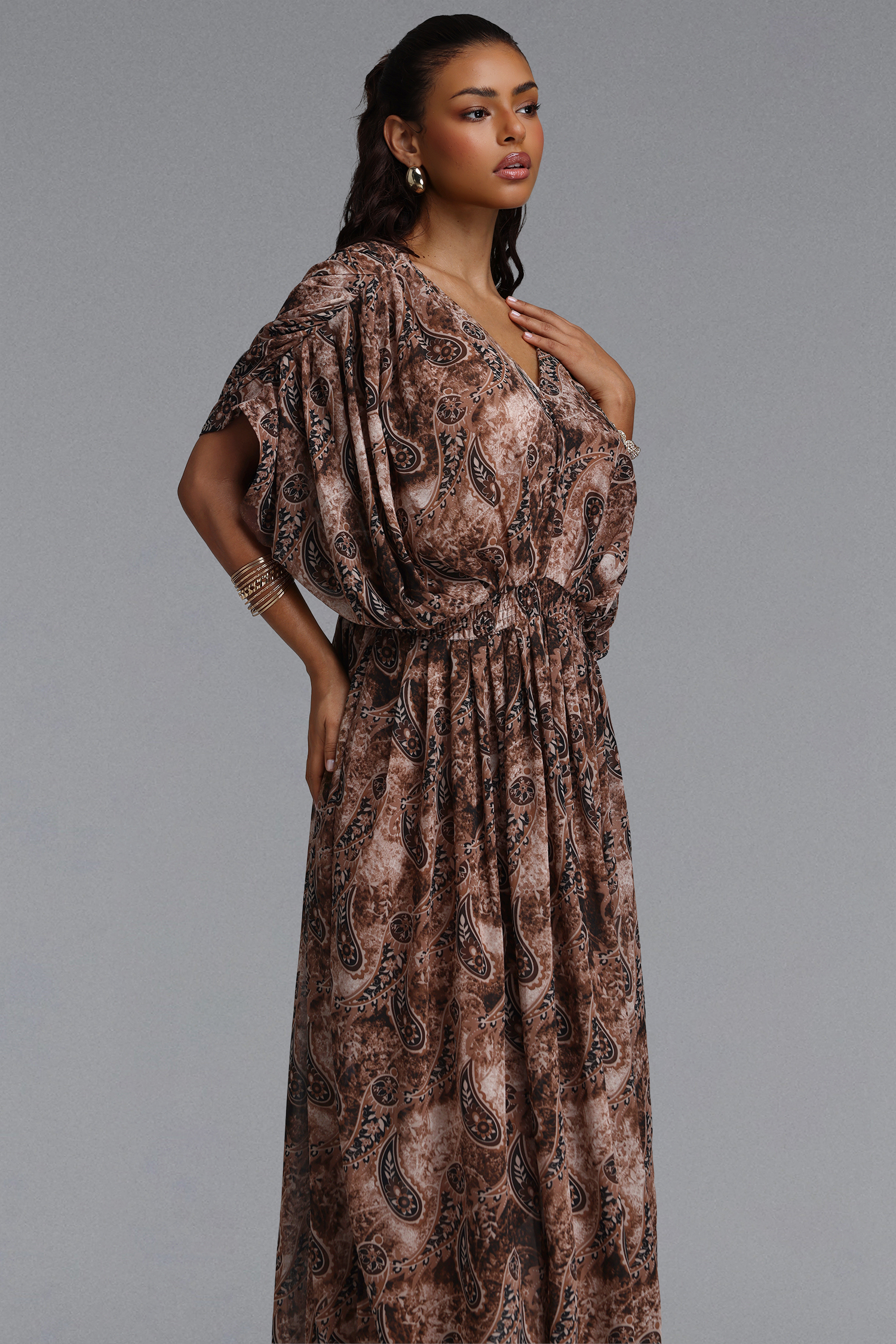 Zandra Romantic Flowy V Neck Paisley Print Chiffon Maxi Dress