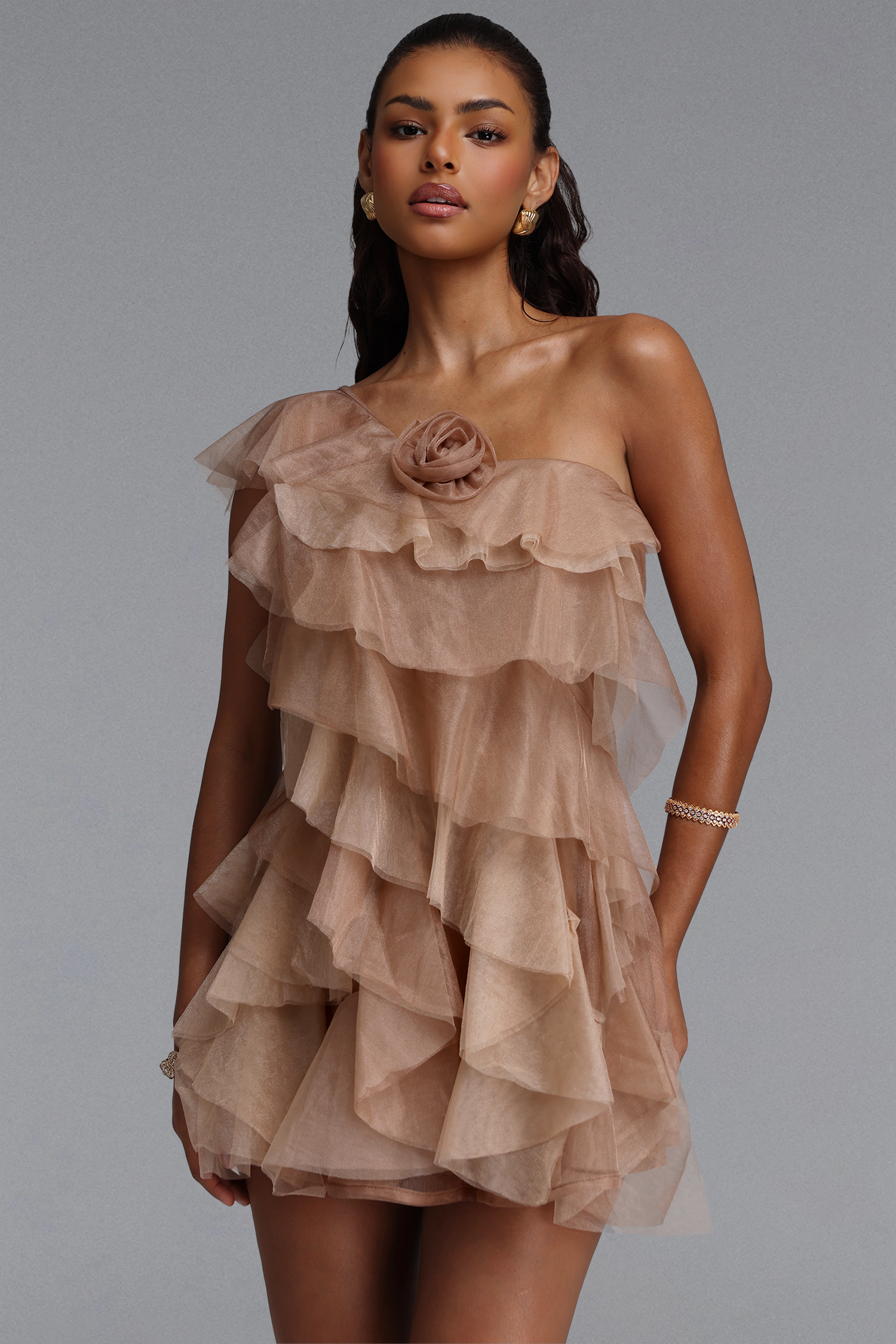 Flor Romantic Flowy One Shoulder Tiered Ruffle Floral Chiffon Mini Dress