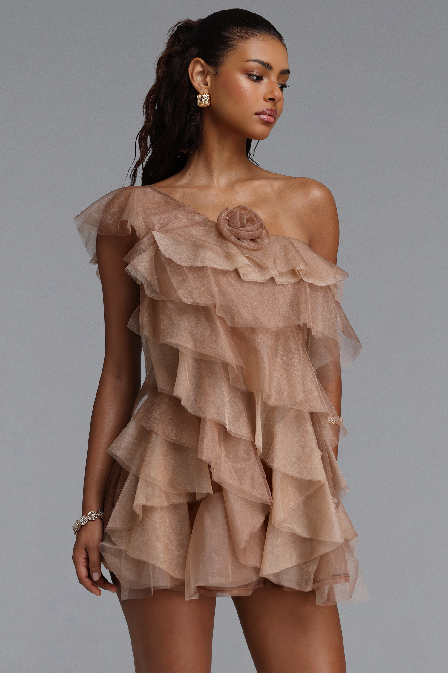 Flor Romantic Flowy One Shoulder Tiered Ruffle Floral Chiffon Mini Dress