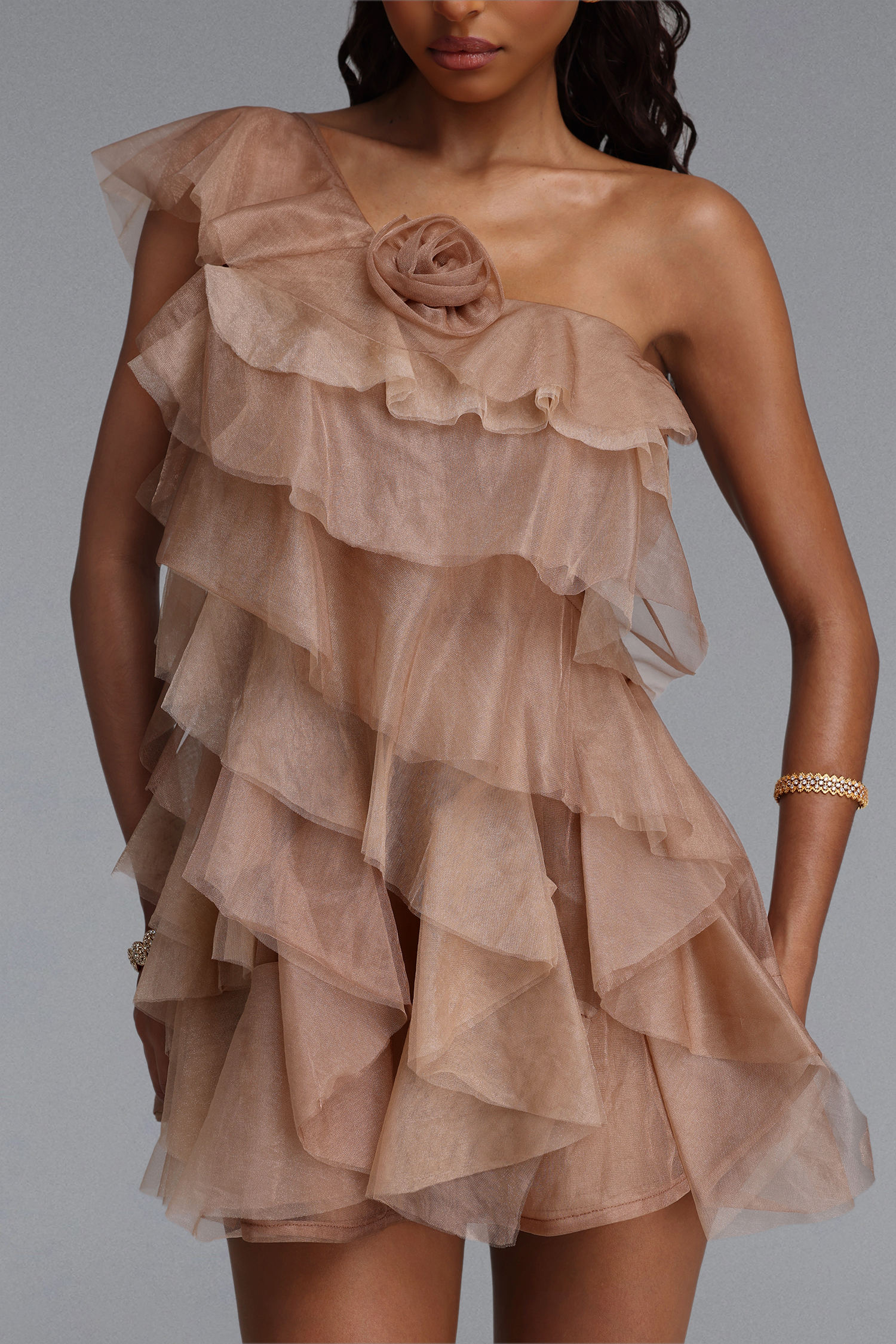 Flor Romantic Flowy One Shoulder Tiered Ruffle Floral Chiffon Mini Dress
