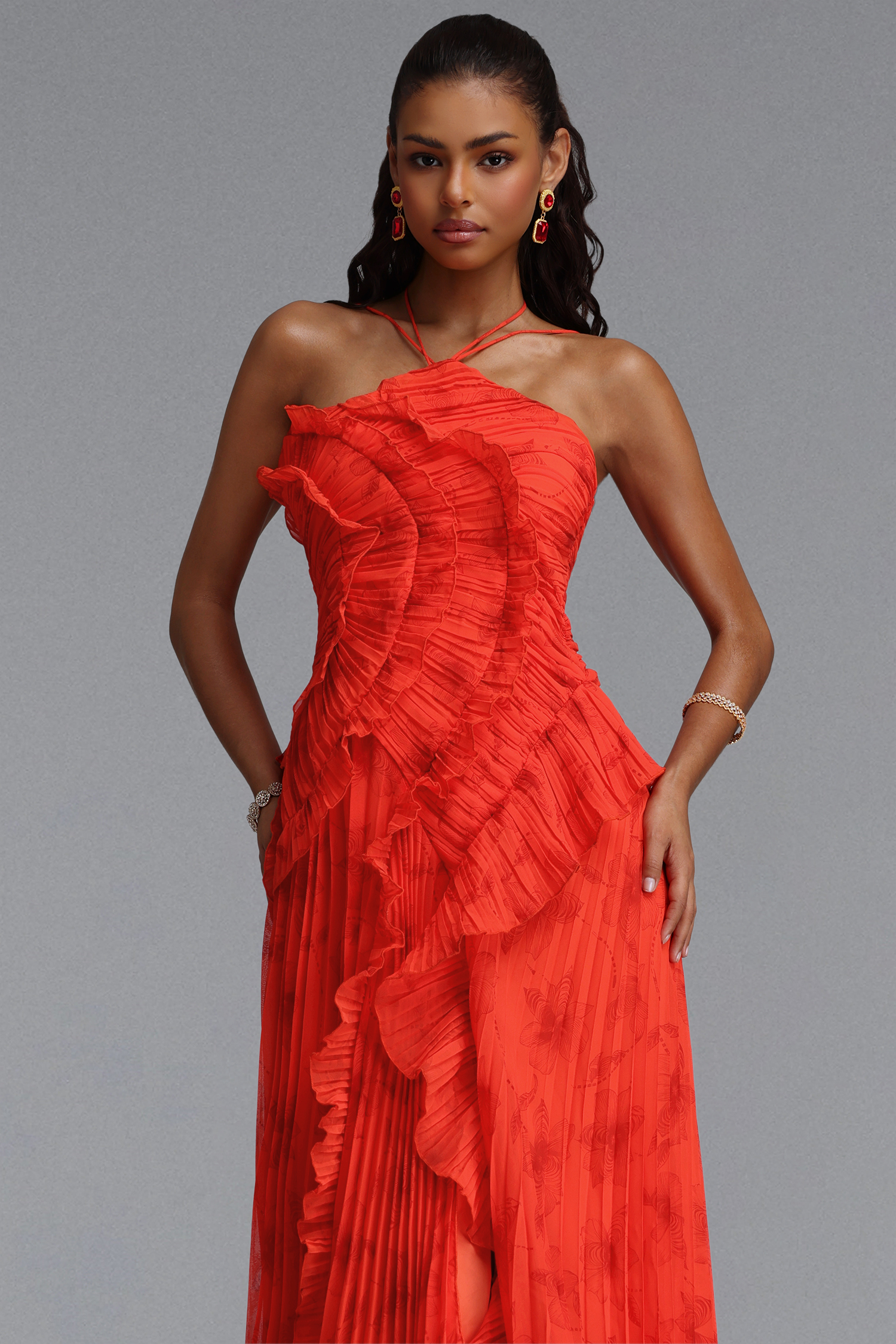 red maxi dress flowy Elleri Resort Sleeveless Pleated Ruffle Floral Print Woven – Bellabarnett parent:tuscany-maxi-slip-dress