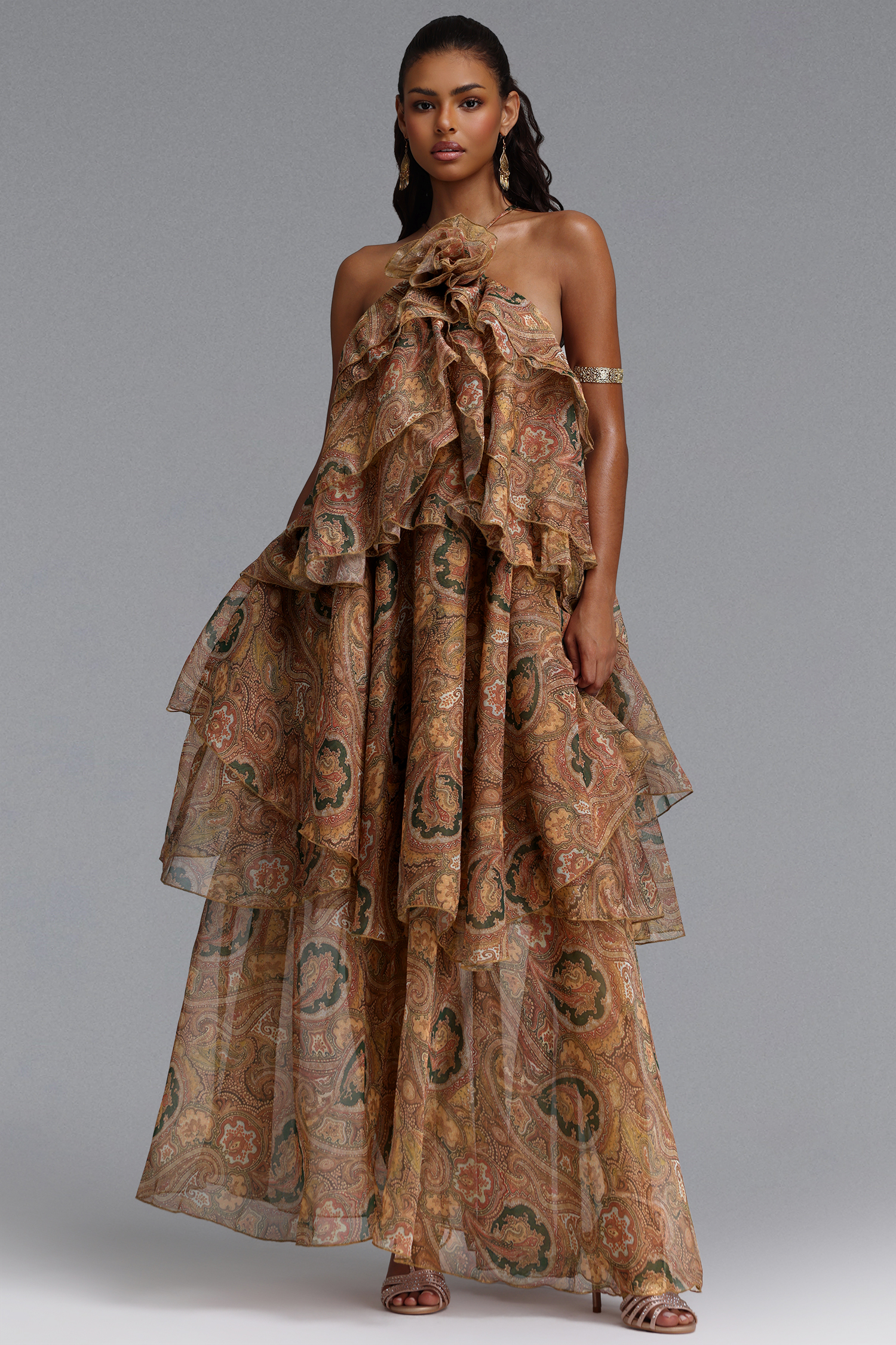 Sapphire Resort Flowy Sleeveless Floral Print Woven Brown Maxi Dress