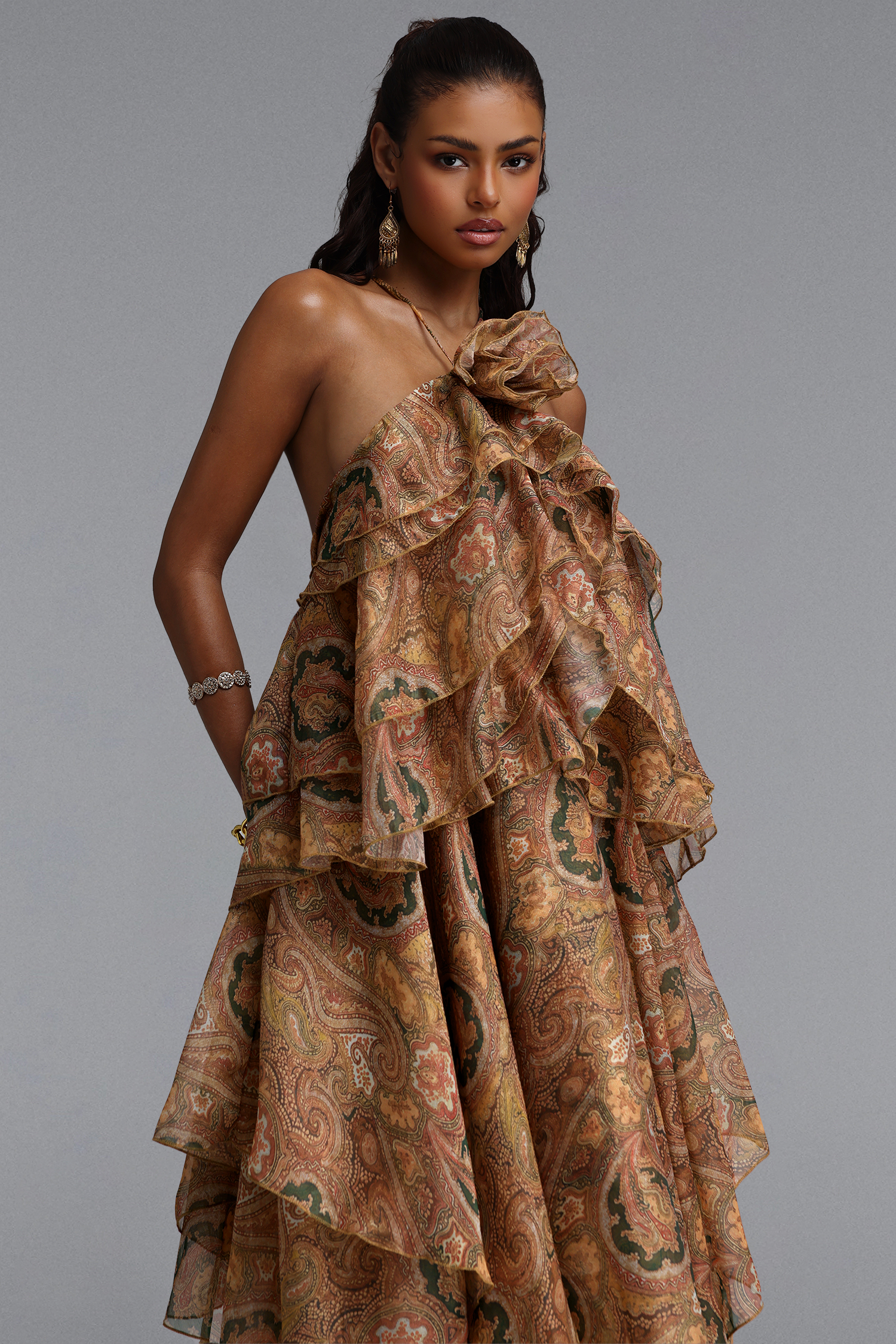 Sapphire Resort Flowy Sleeveless Floral Print Woven Brown Maxi Dress