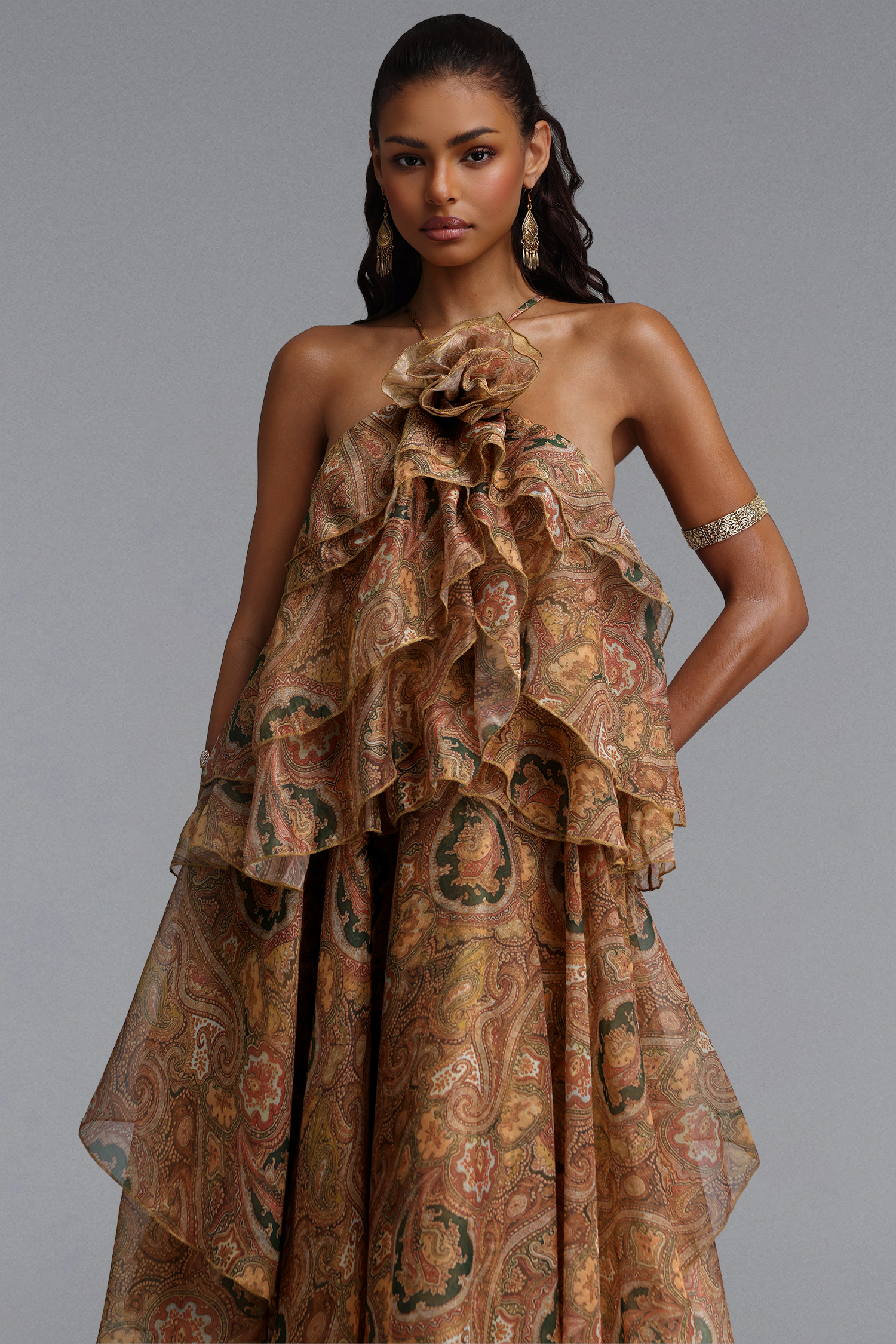 Sapphire Resort Flowy Sleeveless Floral Print Woven Brown Maxi Dress