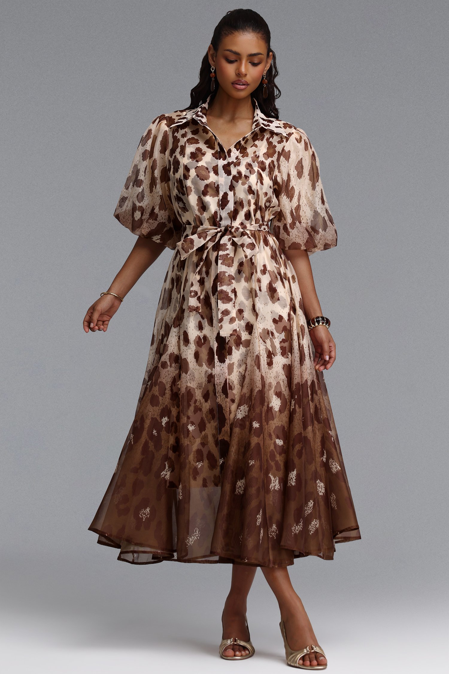 Tamarah Resort Flowy Puff Sleeve Leopard Print Woven Maxi Dress