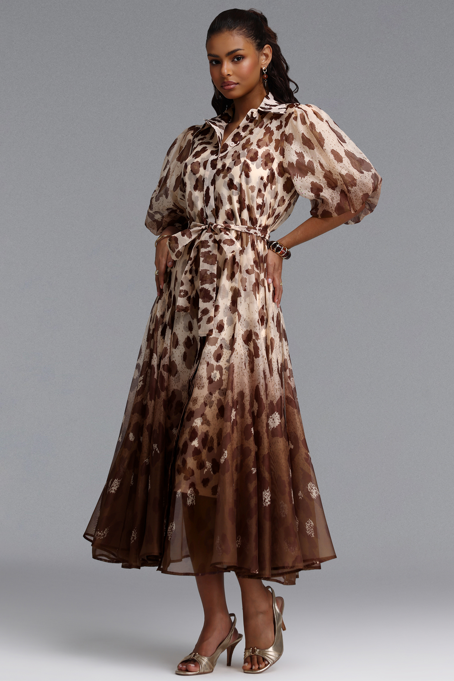 Tamarah Resort Flowy Puff Sleeve Leopard Print Woven Maxi Dress