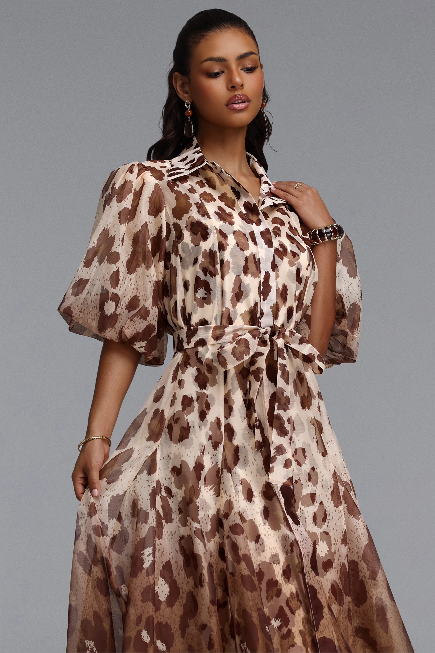 Tamarah Resort Flowy Puff Sleeve Leopard Print Woven Maxi Dress