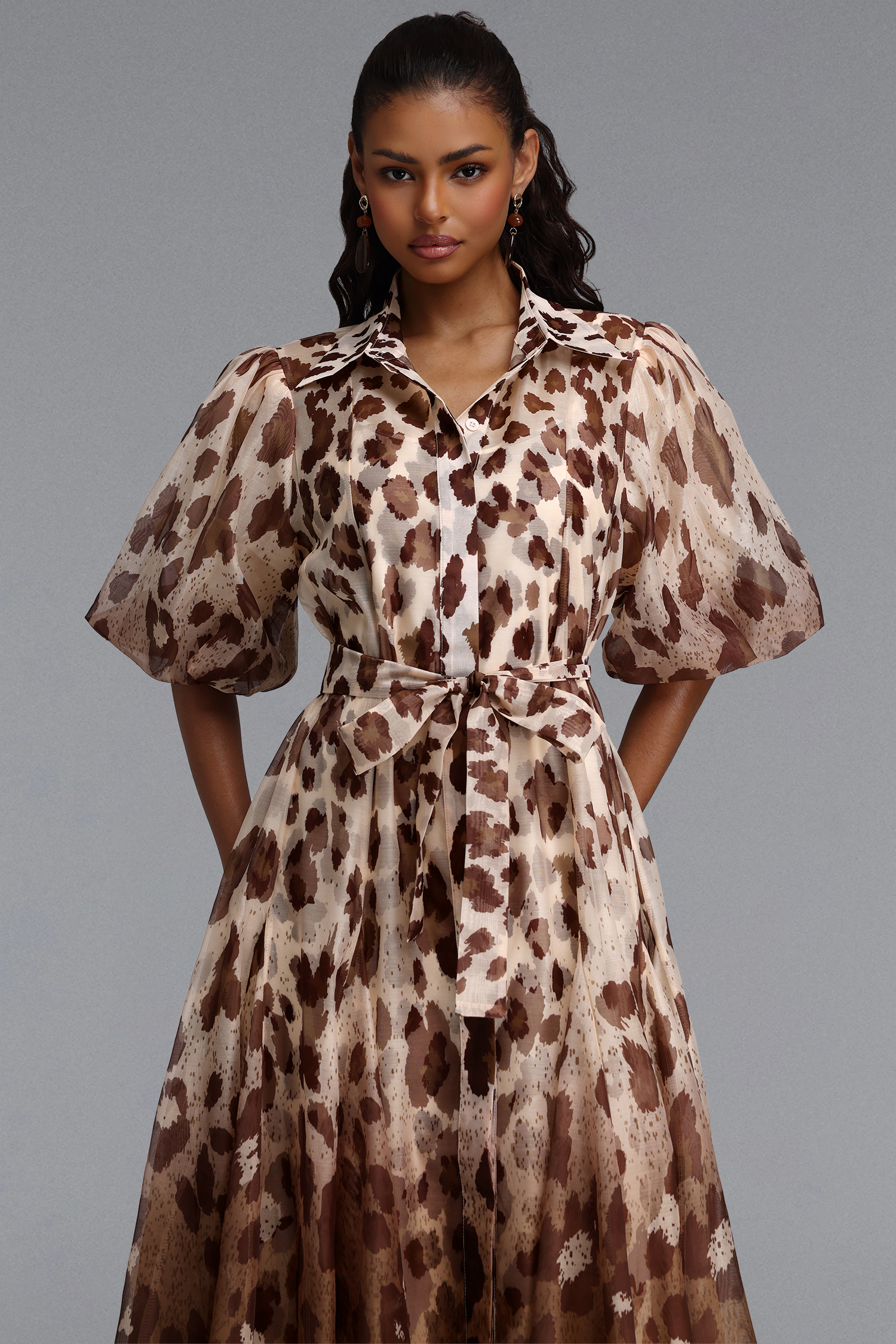 Tamarah Resort Flowy Puff Sleeve Leopard Print Woven Maxi Dress