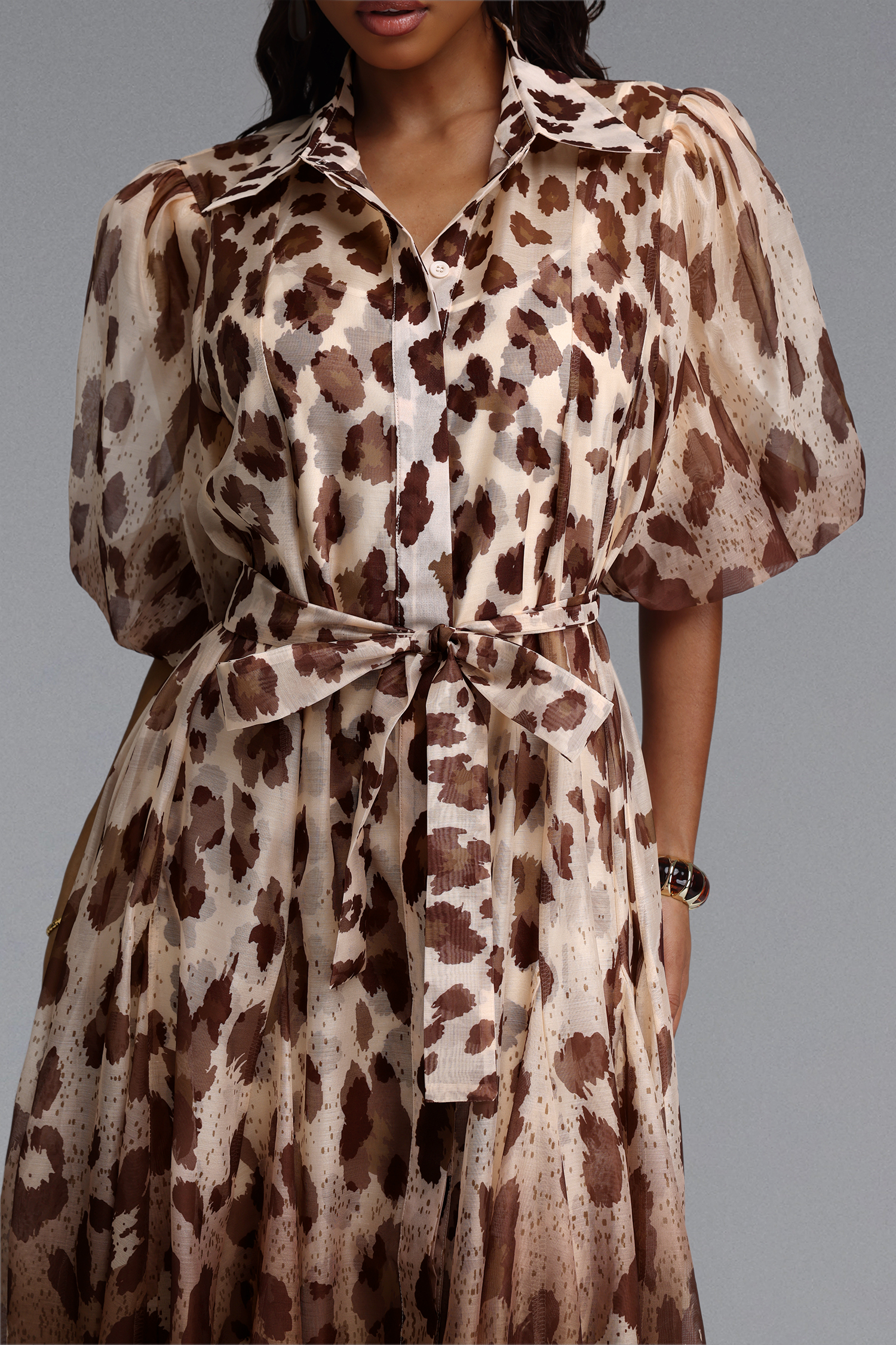 Tamarah Resort Flowy Puff Sleeve Leopard Print Woven Maxi Dress