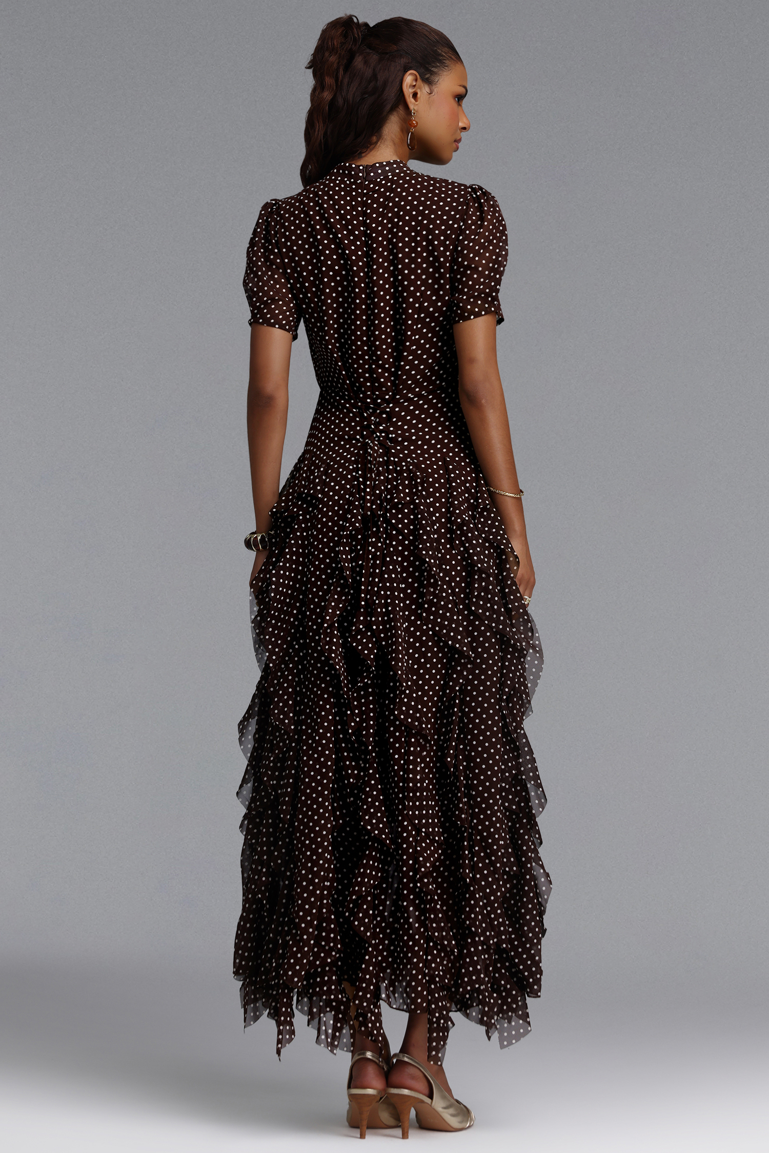 Gricely Elegant Cinched Short Sleeve Ruffle Polka Dot Chiffon Maxi Dress