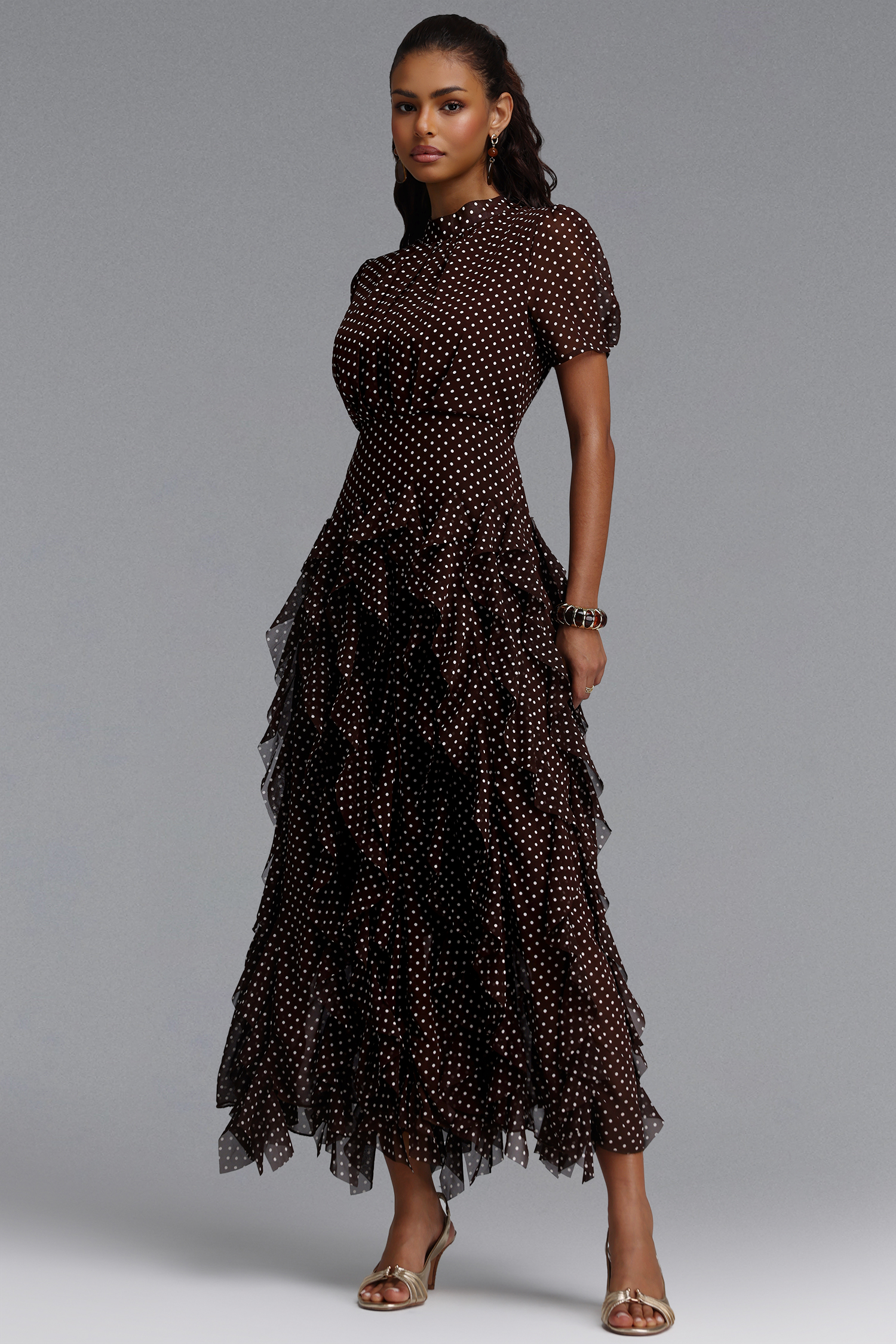Gricely Elegant Cinched Short Sleeve Ruffle Polka Dot Chiffon Maxi Dress