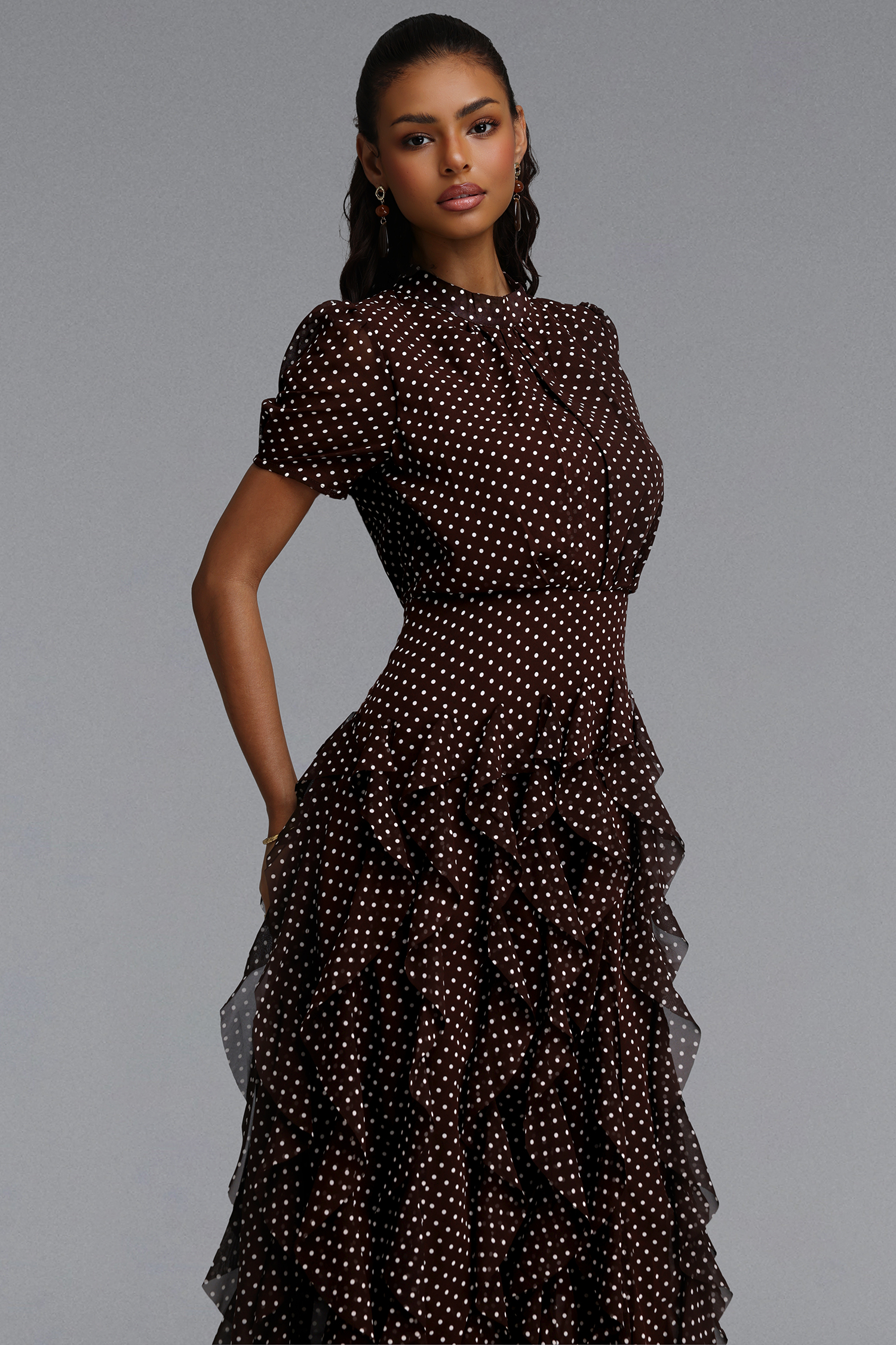 Gricely Elegant Cinched Short Sleeve Ruffle Polka Dot Chiffon Maxi Dress