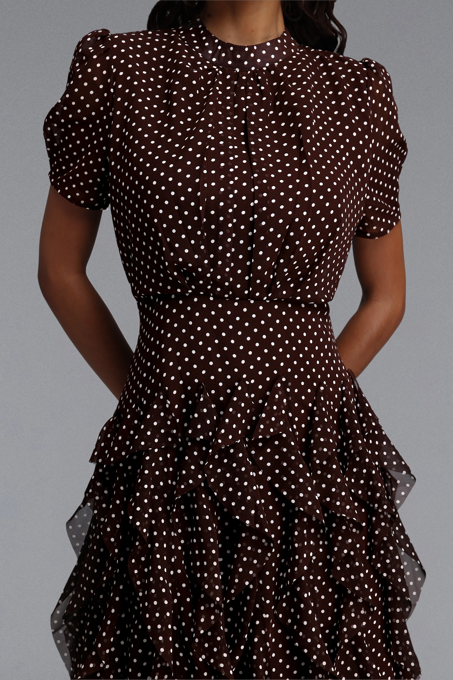 Gricely Elegant Cinched Short Sleeve Ruffle Polka Dot Chiffon Maxi Dress
