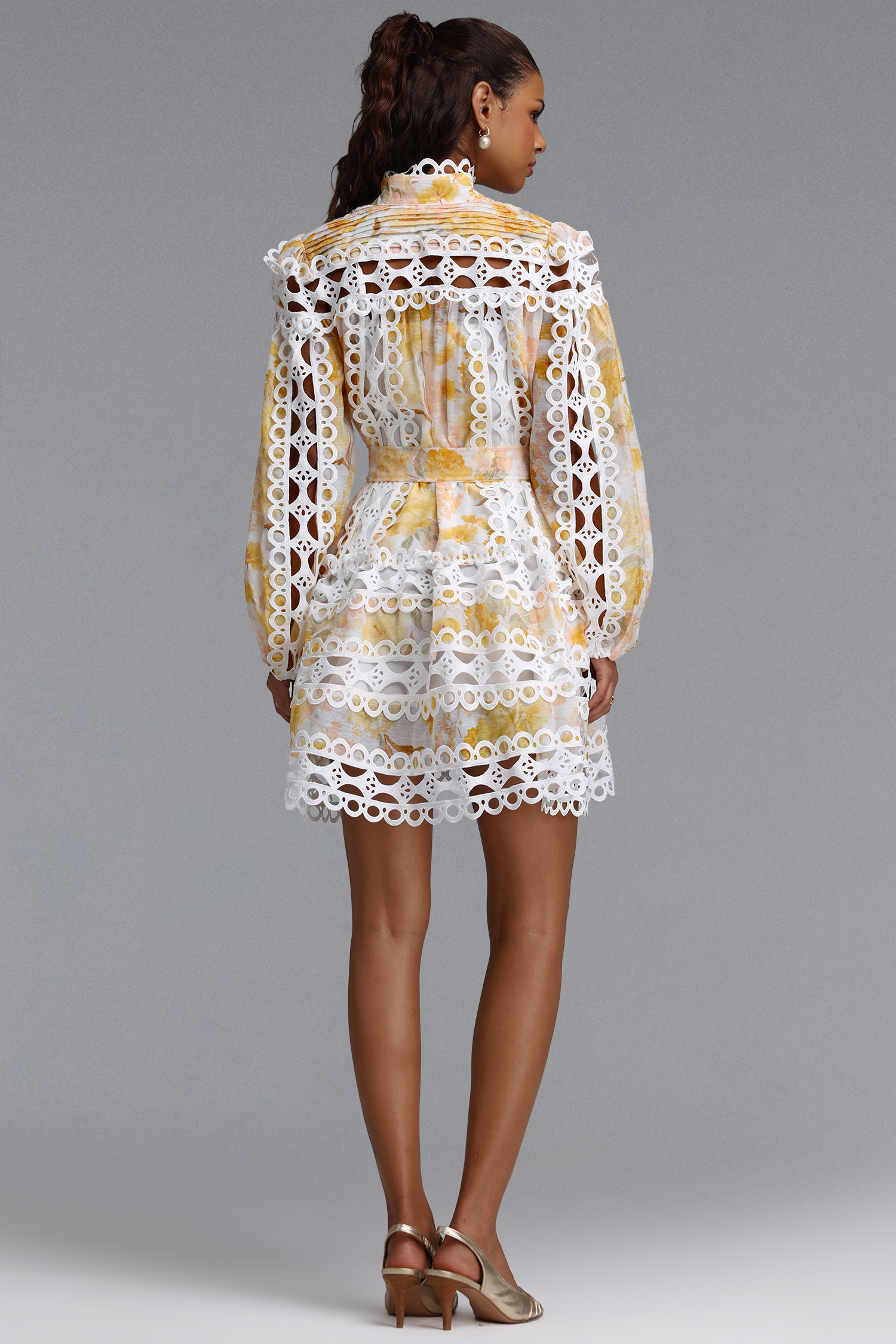 Raola Resort Flowy Long Sleeve Cut Out Print Woven Mini Dress