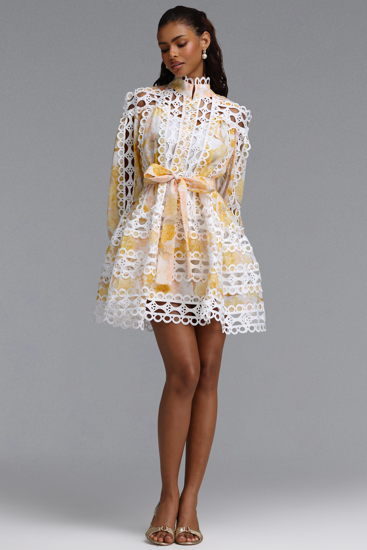 Raola Resort Flowy Long Sleeve Cut Out Print Woven Mini Dress