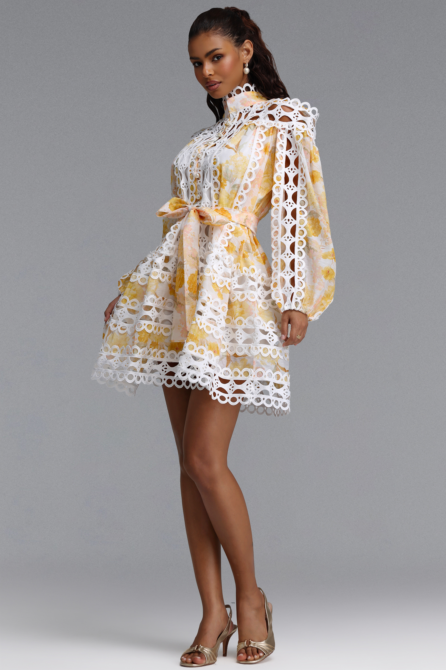 Raola Resort Flowy Long Sleeve Cut Out Print Woven Mini Dress