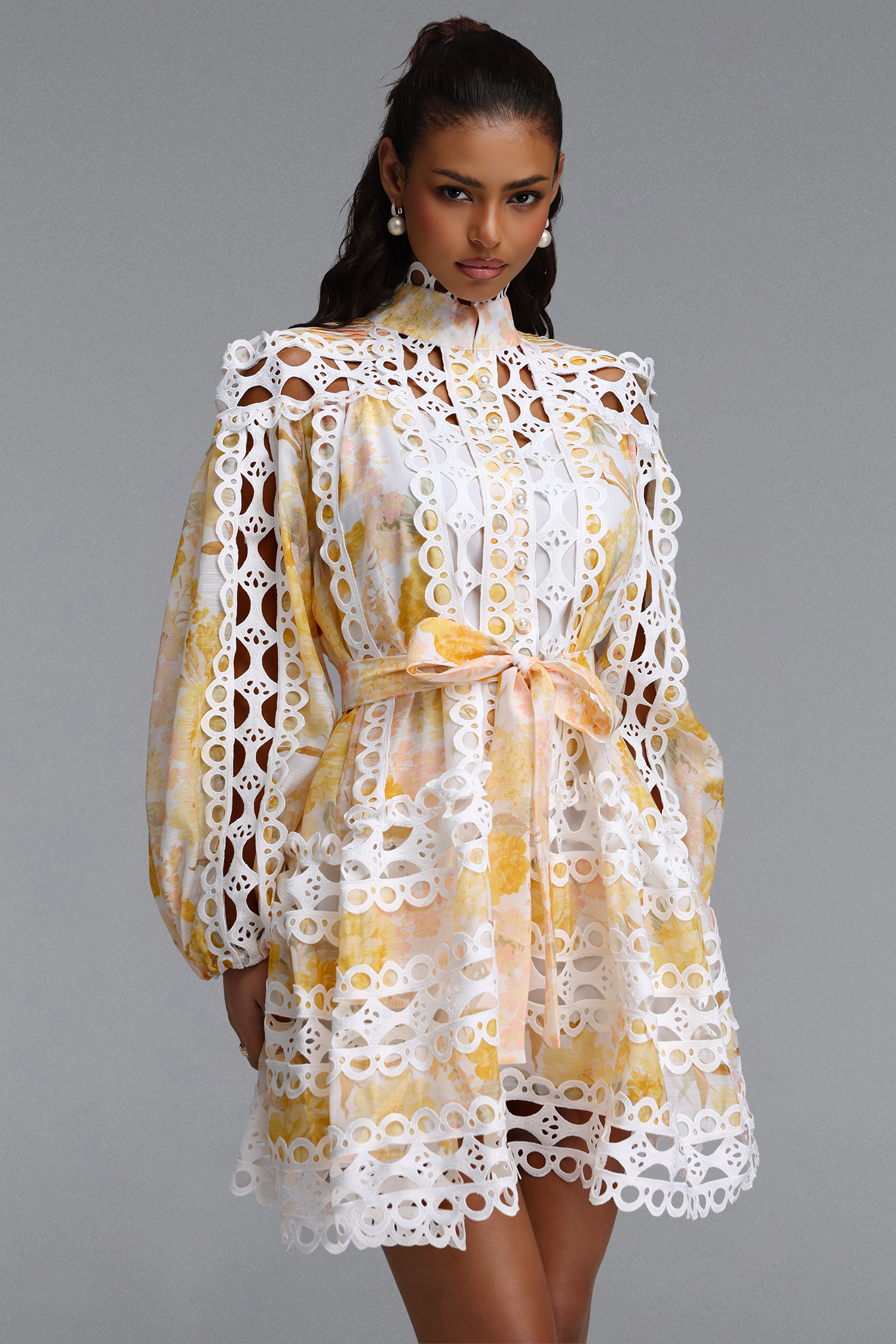Raola Resort Flowy Long Sleeve Cut Out Print Woven Mini Dress