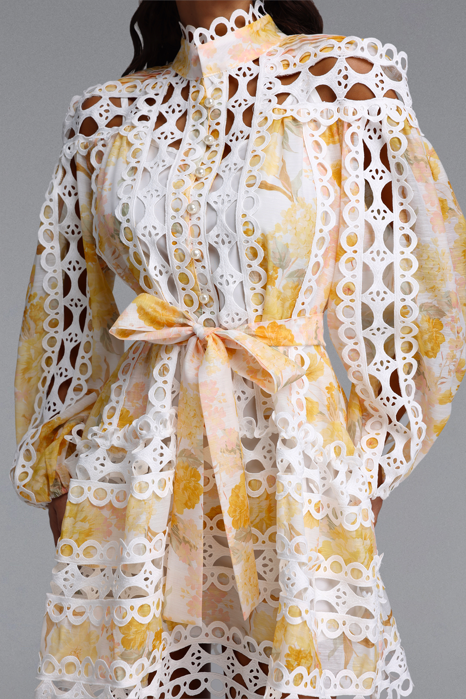 Raola Resort Flowy Long Sleeve Cut Out Print Woven Mini Dress