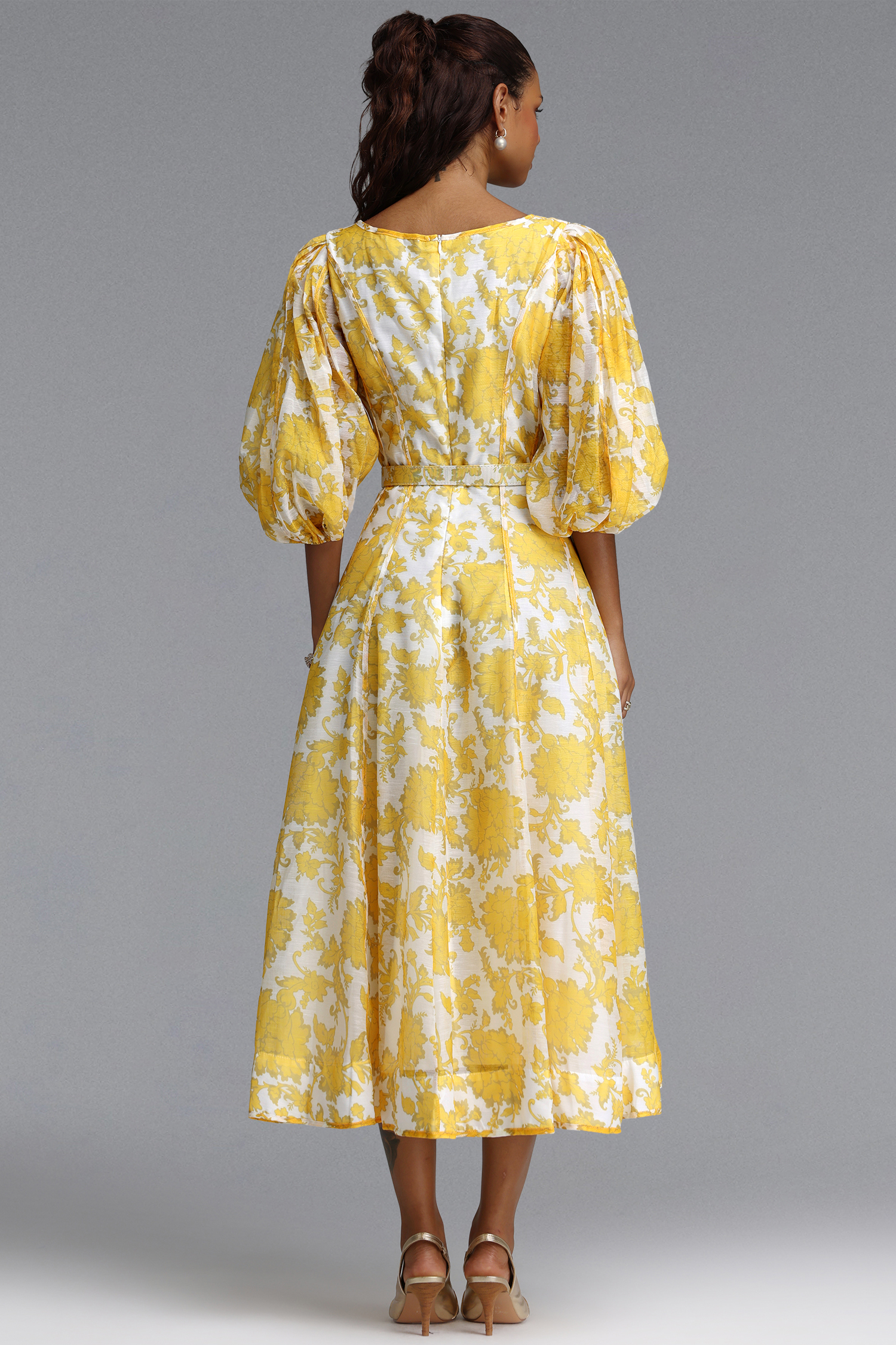 Kendall Resort Flowy V Neck Puff Sleeve Floral Print Woven Maxi Dress