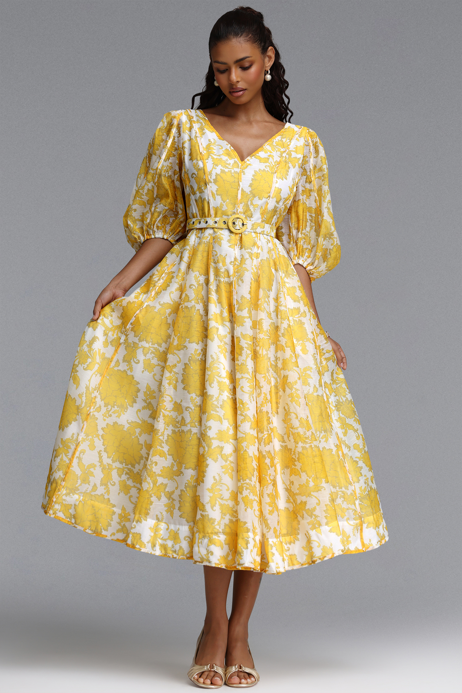 Kendall Resort Flowy V Neck Puff Sleeve Floral Print Woven Maxi Dress