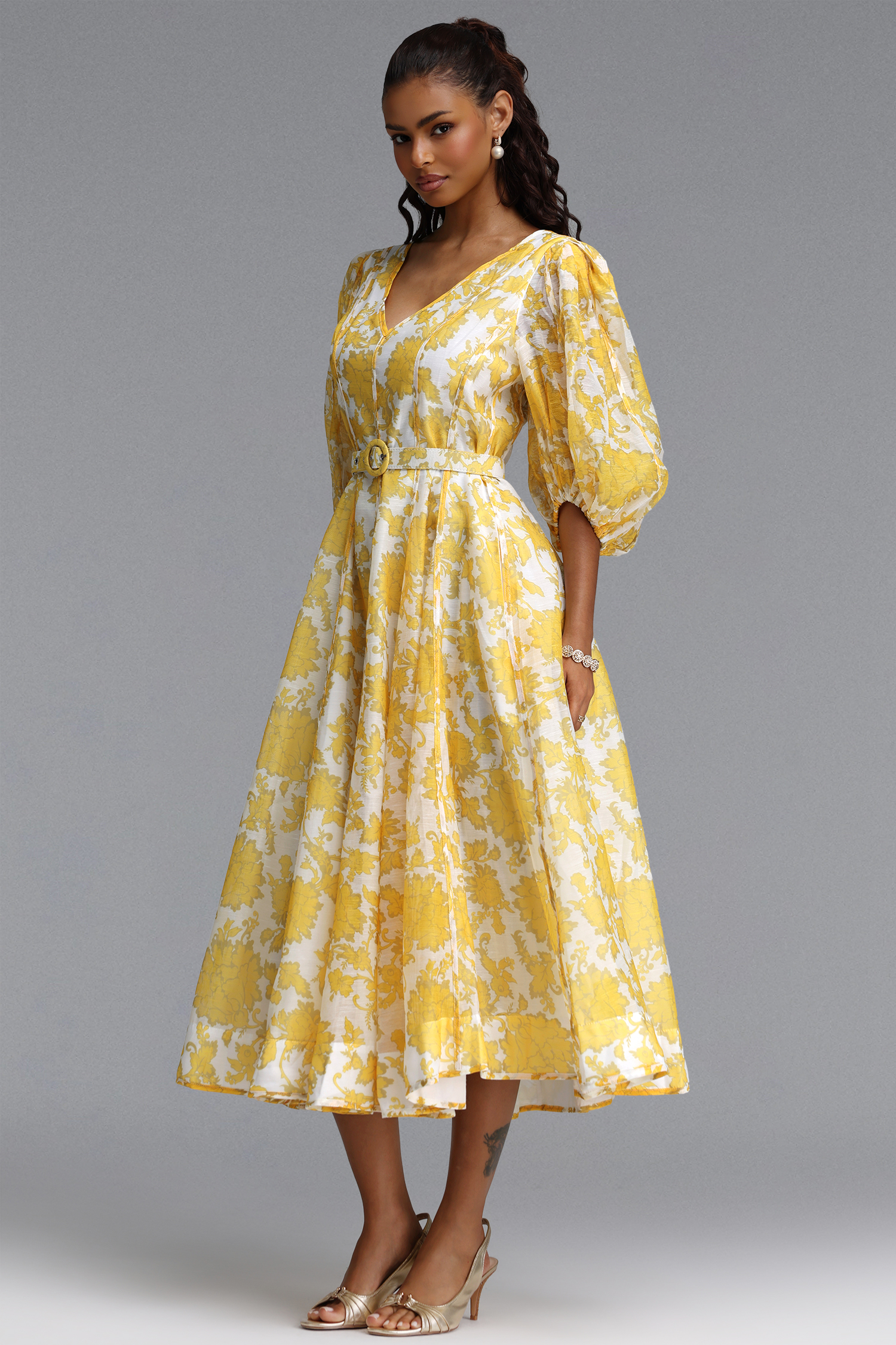 Kendall Resort Flowy V Neck Puff Sleeve Floral Print Woven Maxi Dress